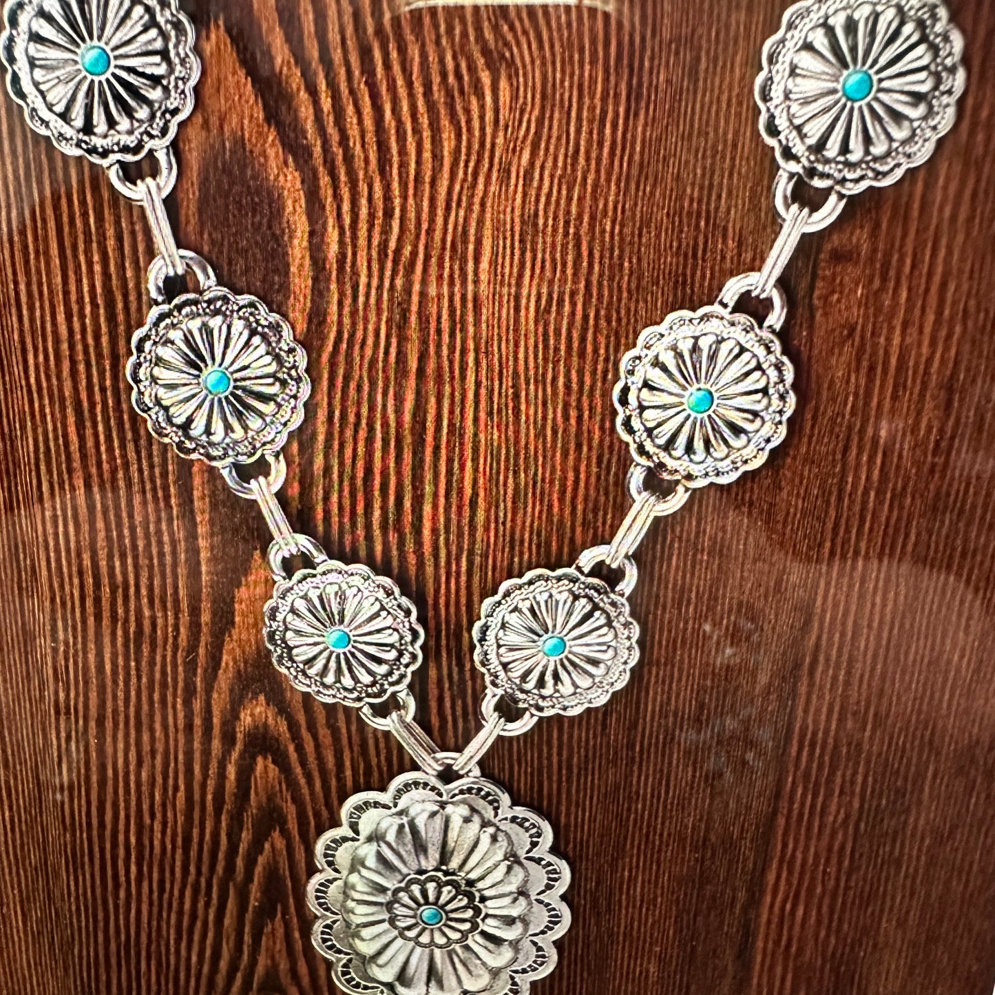 Southwestern Boho Cowgirl Concho Necklace with Turquoise Gem, Includes Gift Box - Silver Elegant