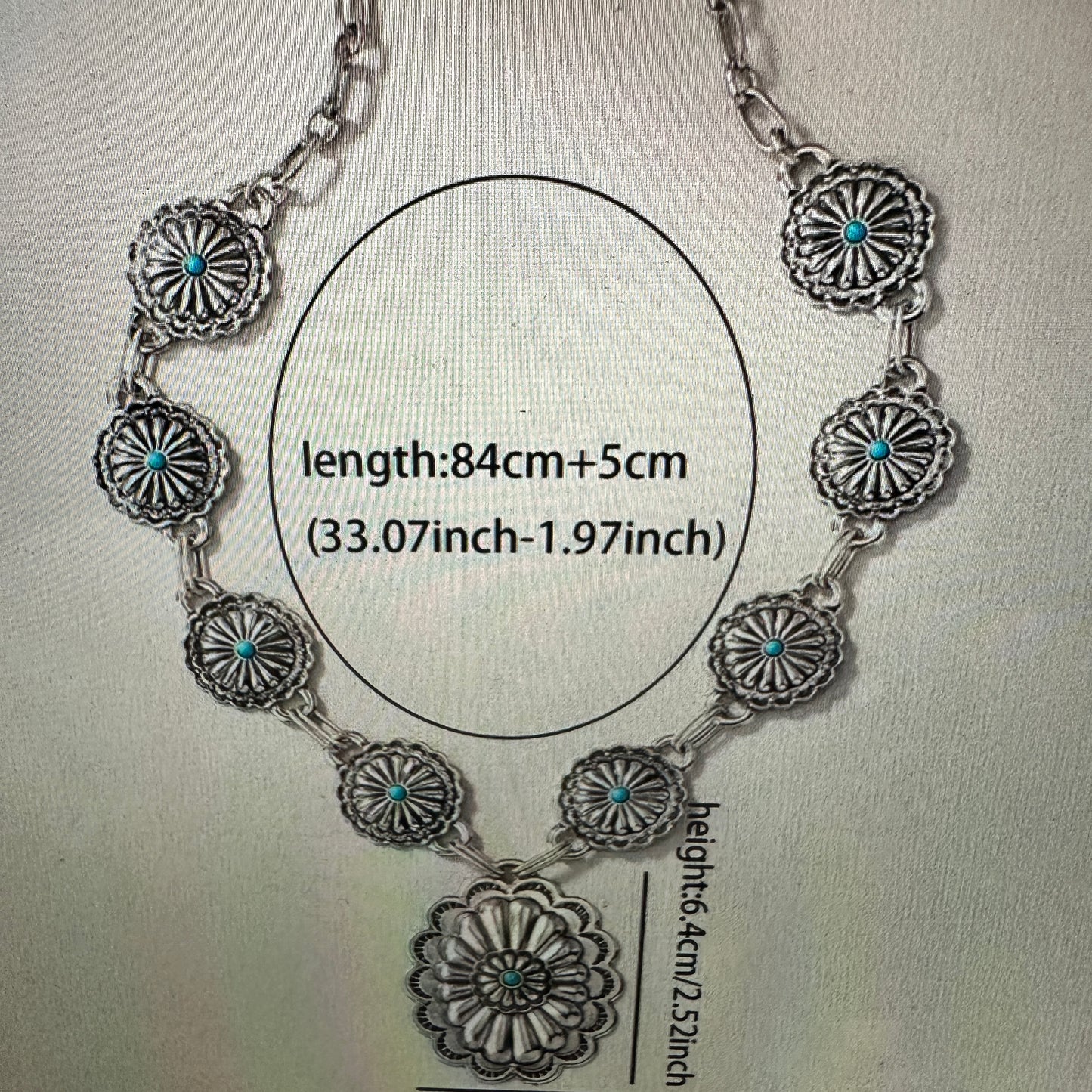 Southwestern Boho Cowgirl Concho Necklace with Turquoise Gem, Includes Gift Box - Silver Elegant