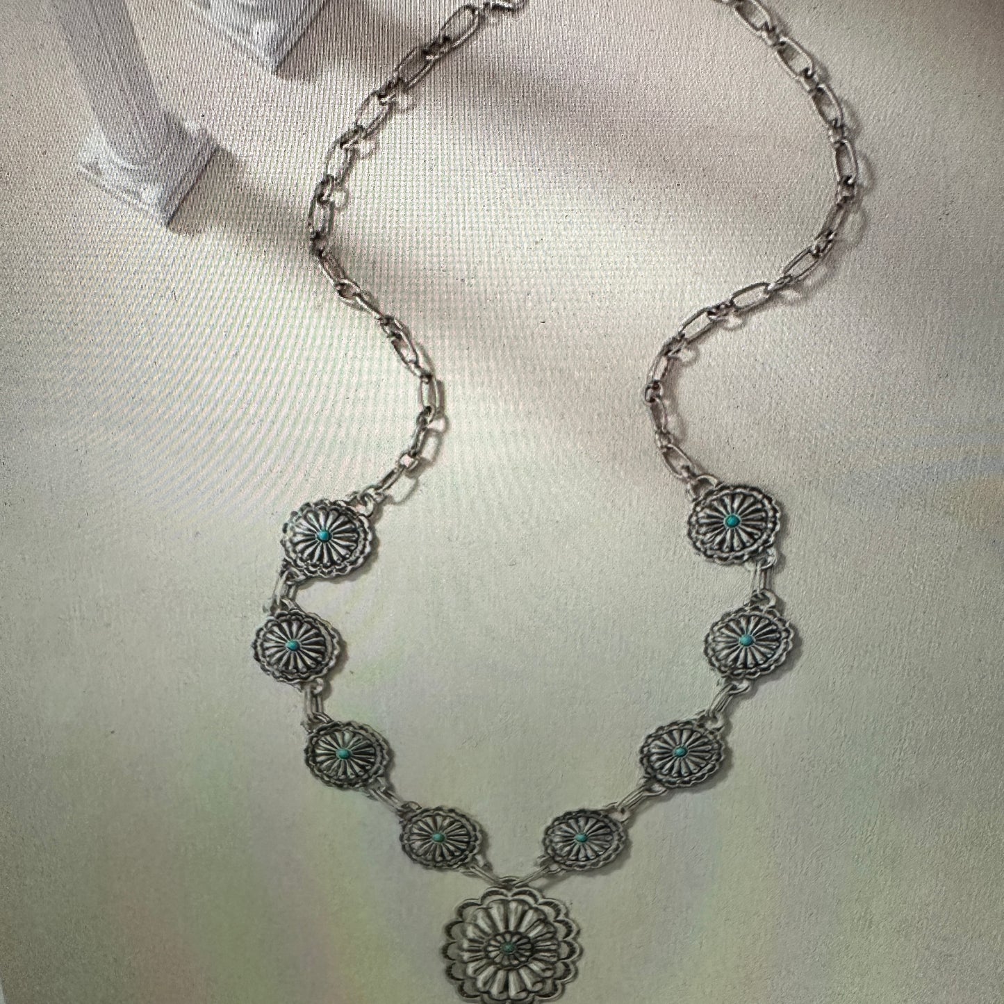 Southwestern Boho Cowgirl Concho Necklace with Turquoise Gem, Includes Gift Box - Silver Elegant