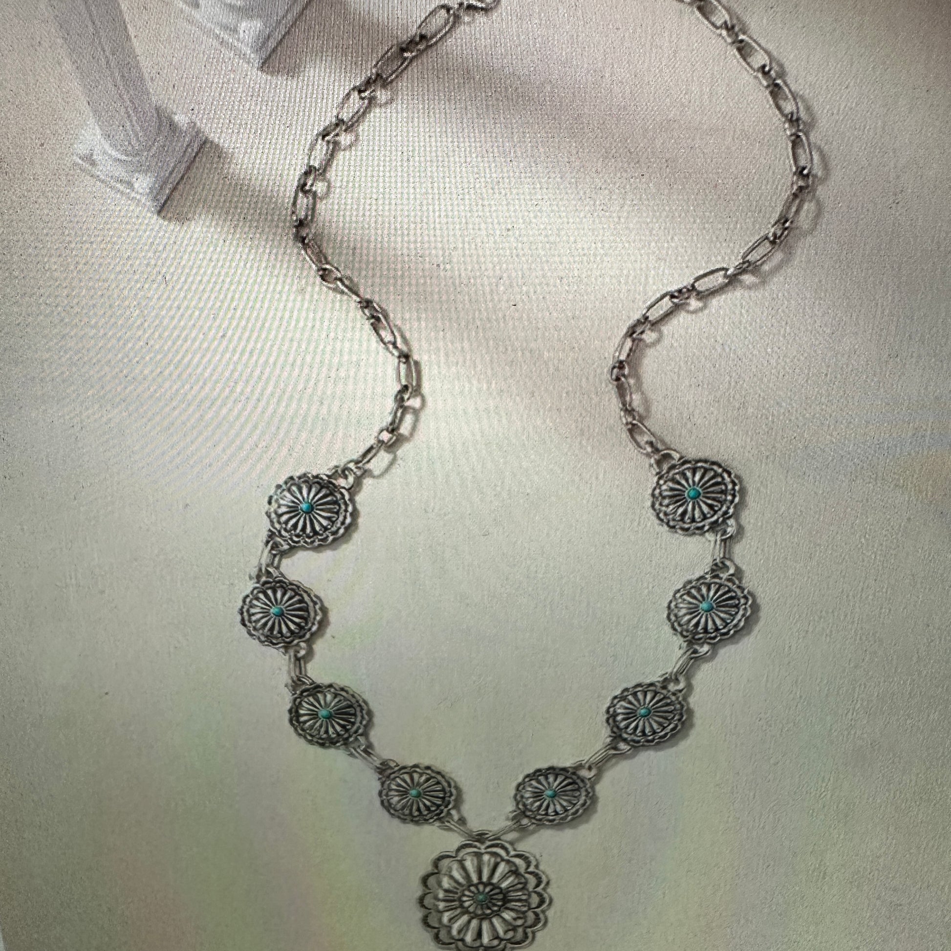 Southwestern Boho Cowgirl Concho Necklace with Turquoise Gem, Includes Gift Box - Silver Elegant