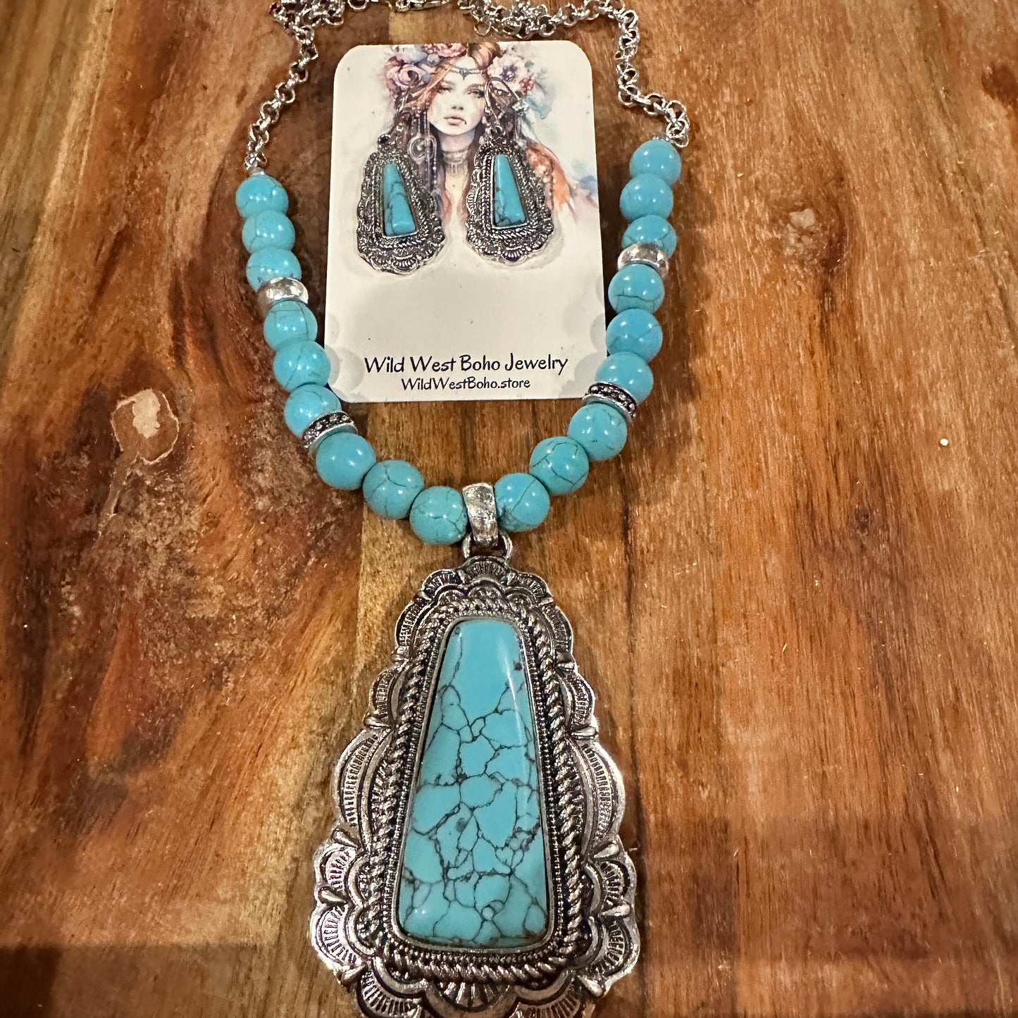 Boho Chic Western Turquoise Rustic Charm Trapezoid Jewelry Set with Cabochon Accents, Gift Box