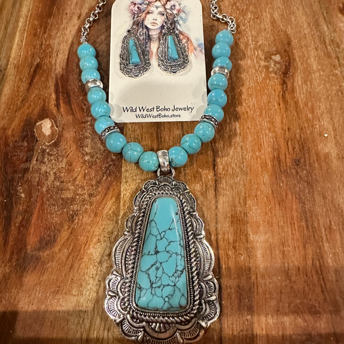 Boho Chic Western Turquoise Rustic Charm Trapezoid Jewelry Set with Cabochon Accents, Gift Box