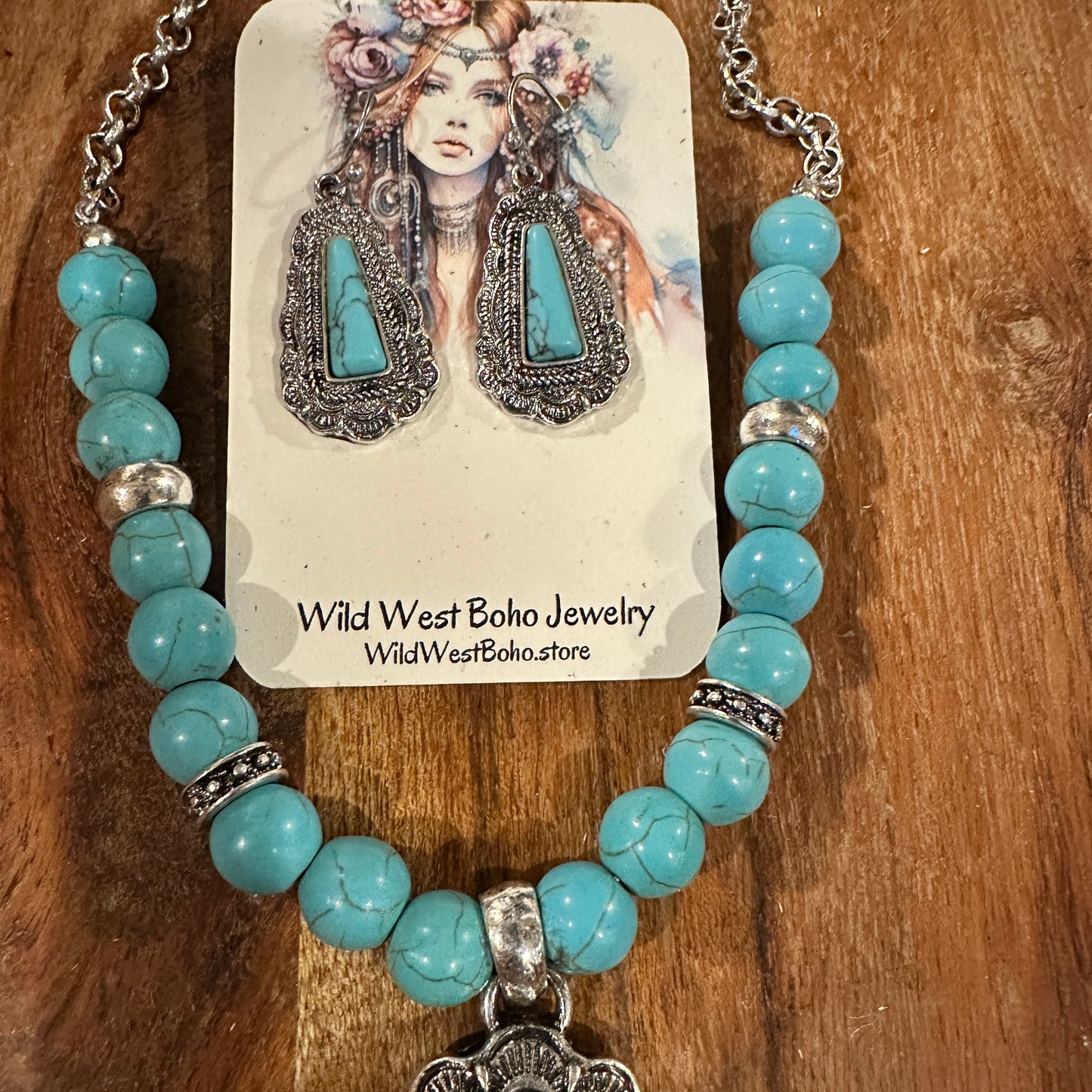 Boho Chic Western Turquoise Rustic Charm Trapezoid Jewelry Set with Cabochon Accents, Gift Box