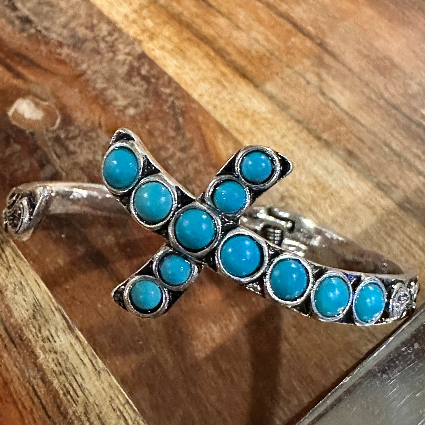 Boho Chic Religion Spiritual Elegance Turquoise Bead Cross Bangle, SZ Large, Gift Box