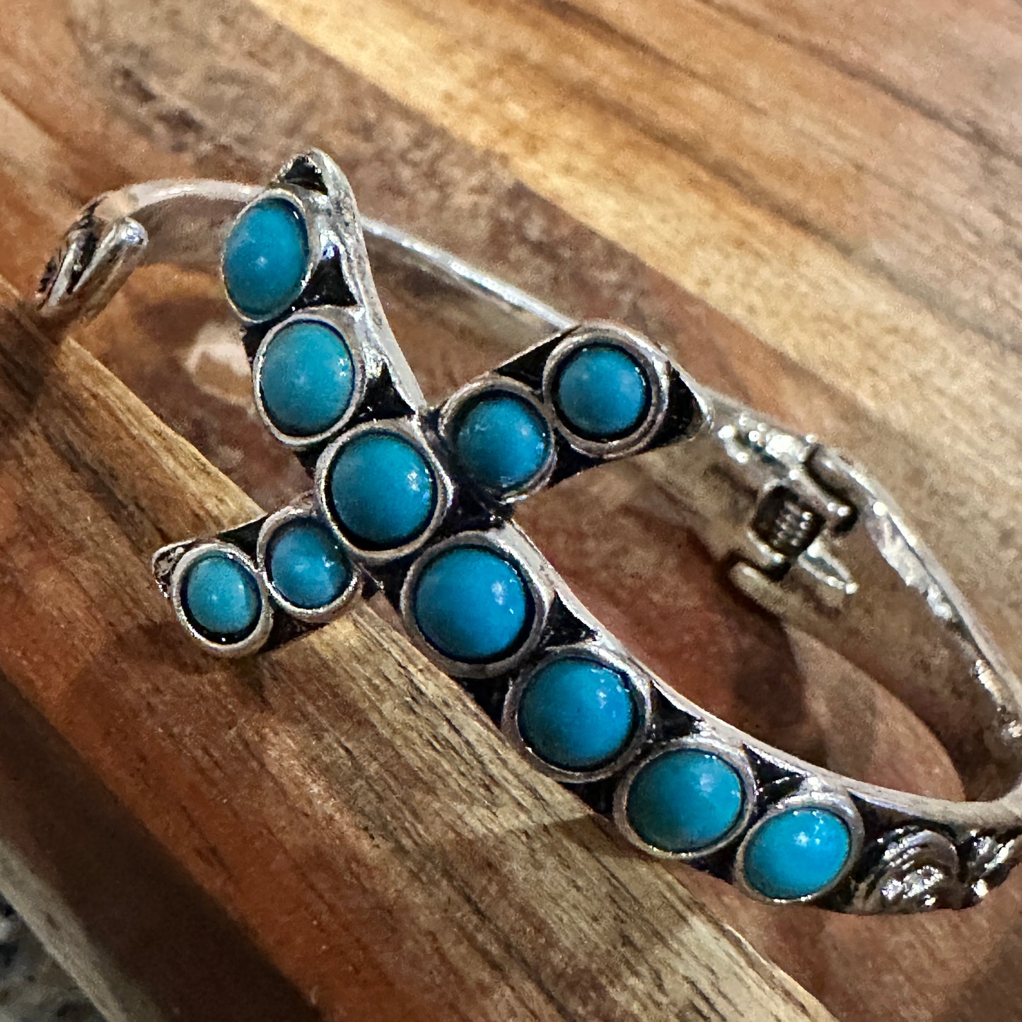 Boho Chic Religion Spiritual Elegance Turquoise Bead Cross Bangle, SZ Large, Gift Box