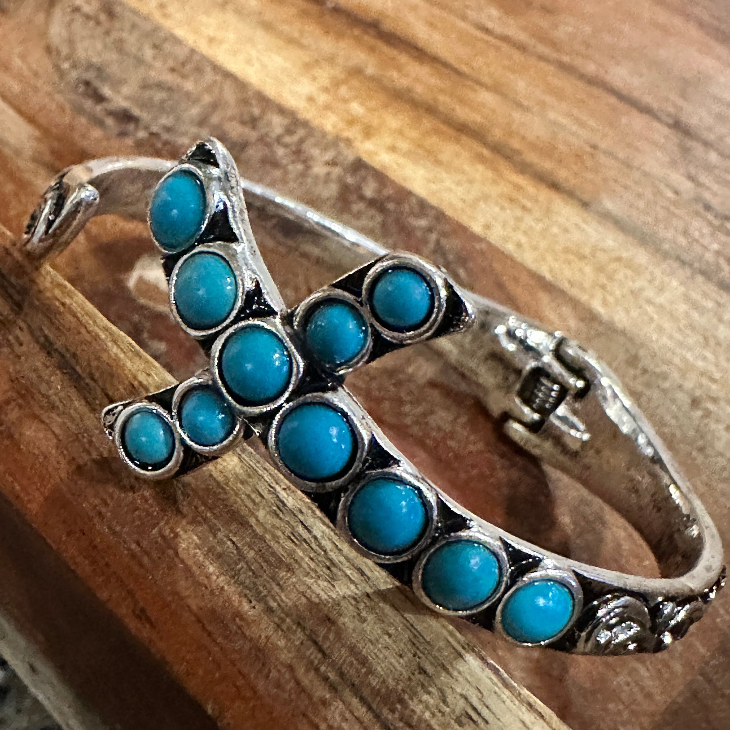 Boho Chic Religion Spiritual Elegance Turquoise Bead Cross Bangle, SZ Large, Gift Box