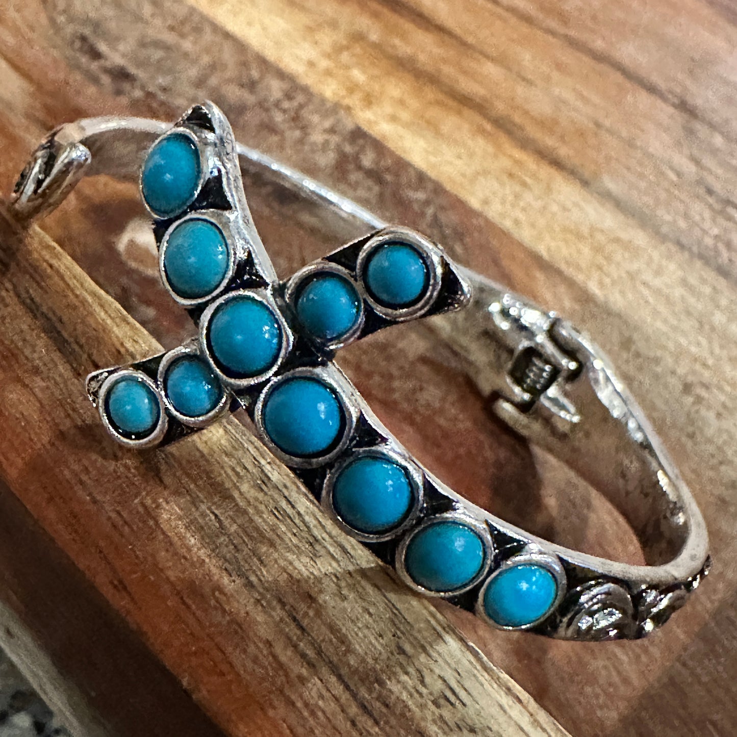 Boho Chic Religion Spiritual Elegance Turquoise Bead Cross Bangle, SZ Large, Gift Box