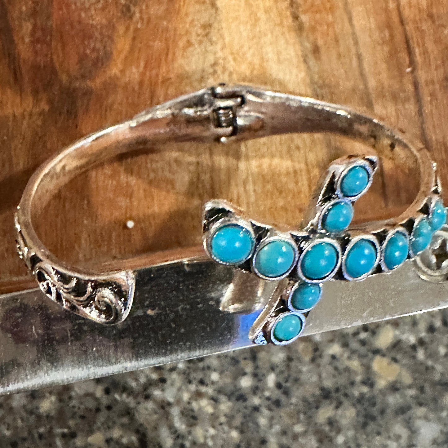 Boho Chic Religion Spiritual Elegance Turquoise Bead Cross Bangle, SZ Large, Gift Box