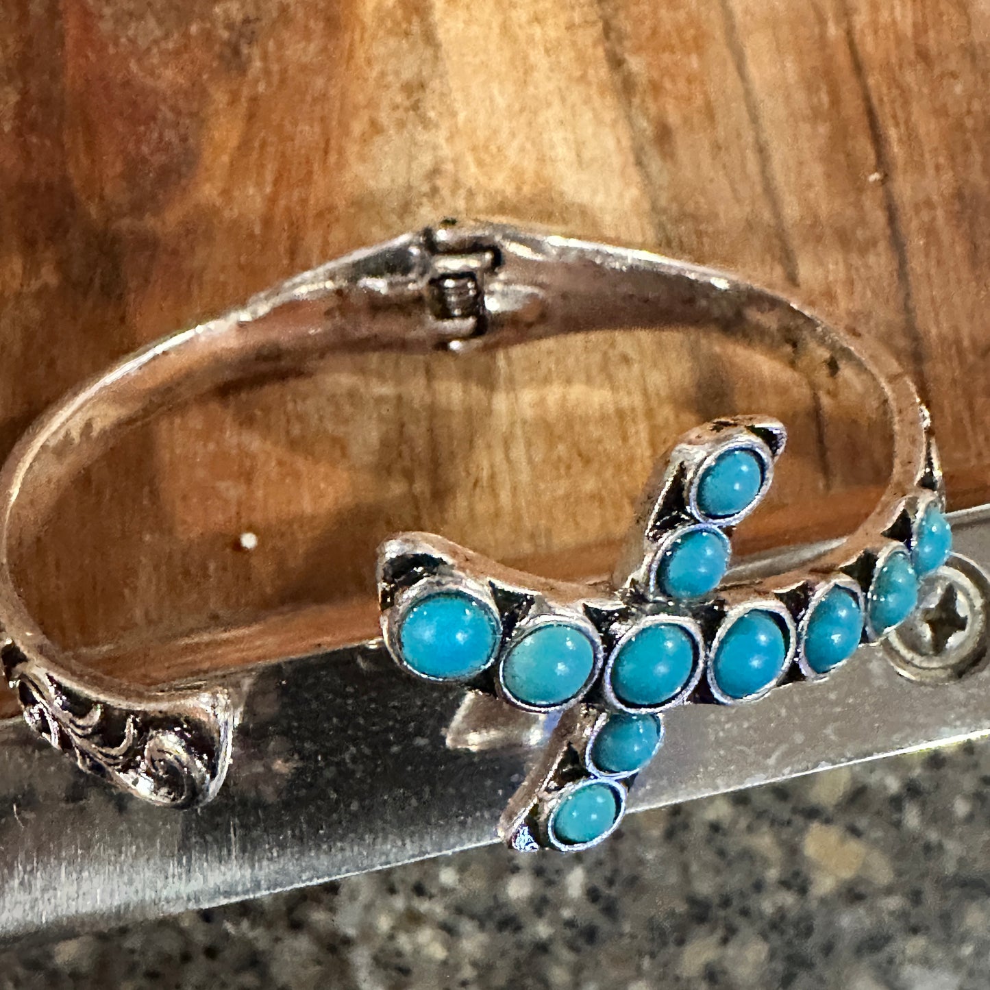 Boho Chic Religion Spiritual Elegance Turquoise Bead Cross Bangle, SZ Large, Gift Box