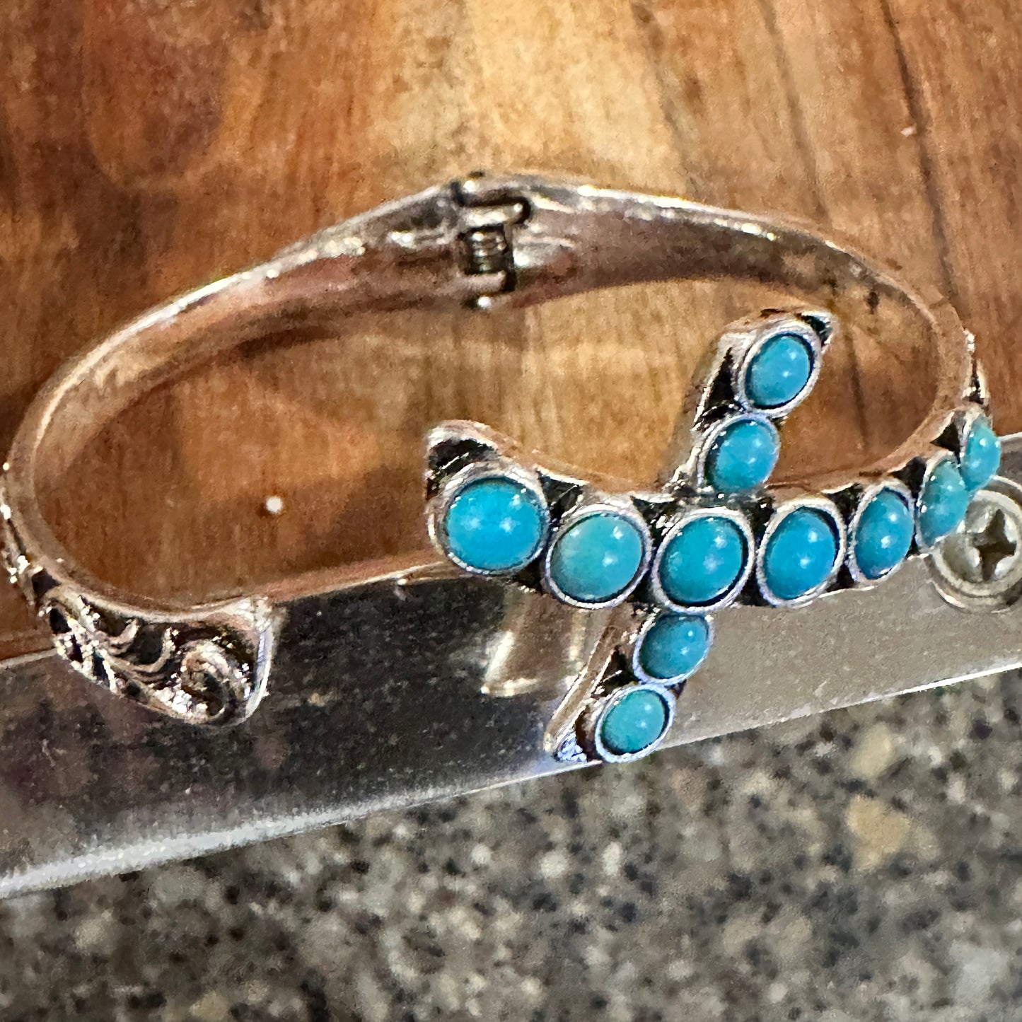 Boho Chic Religion Spiritual Elegance Turquoise Bead Cross Bangle, SZ Large, Gift Box