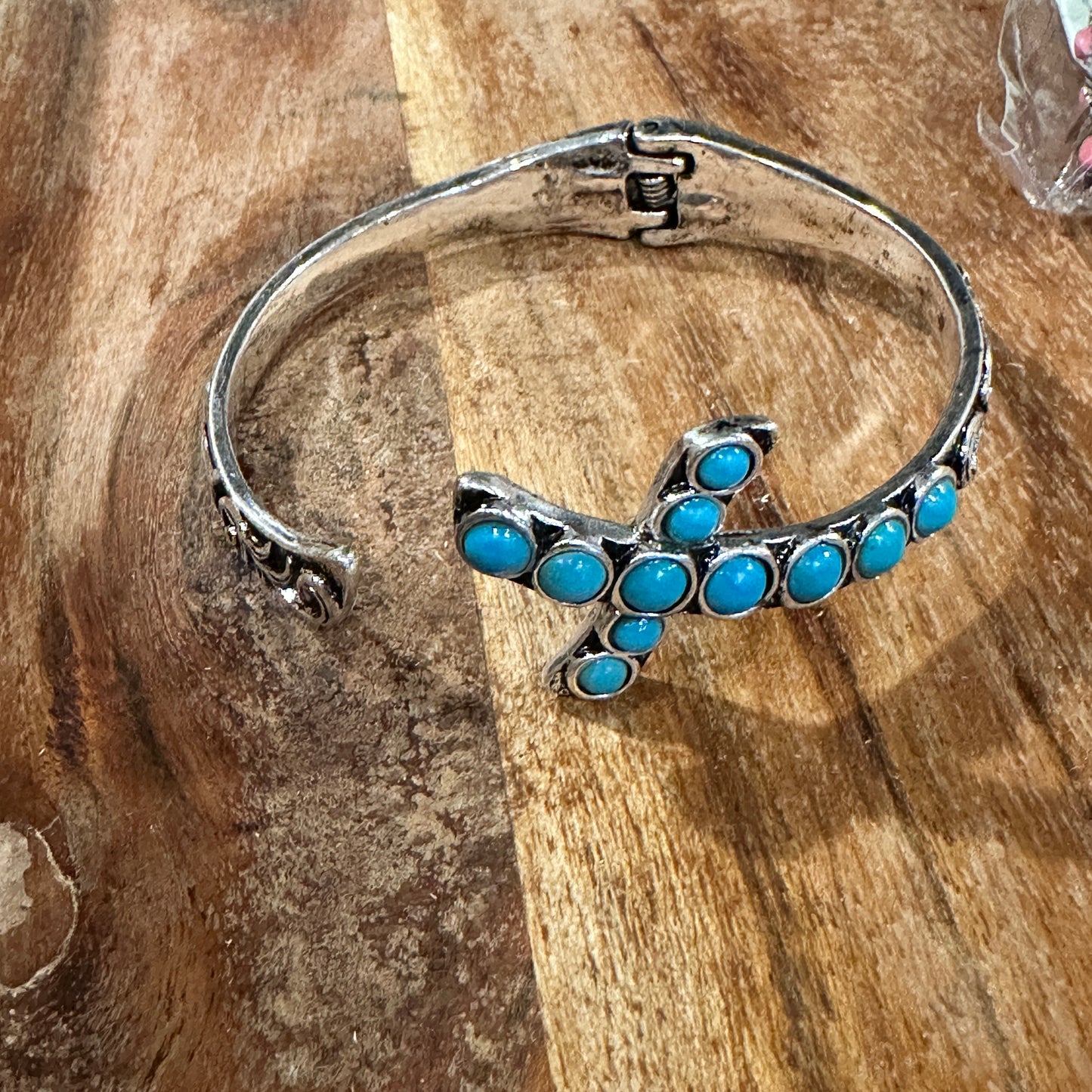 Boho Chic Religion Spiritual Elegance Turquoise Bead Cross Bangle, SZ Large, Gift Box