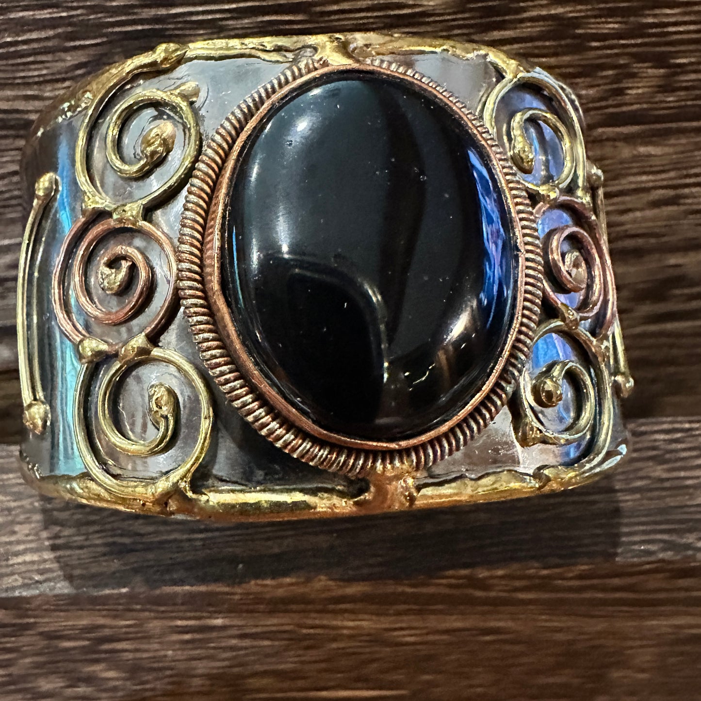 Artisan-Made Adjustable Black Onyx and Mixed Metals Cuff Bracelet - 2 Inches Wide, Gift-Ready Box Included