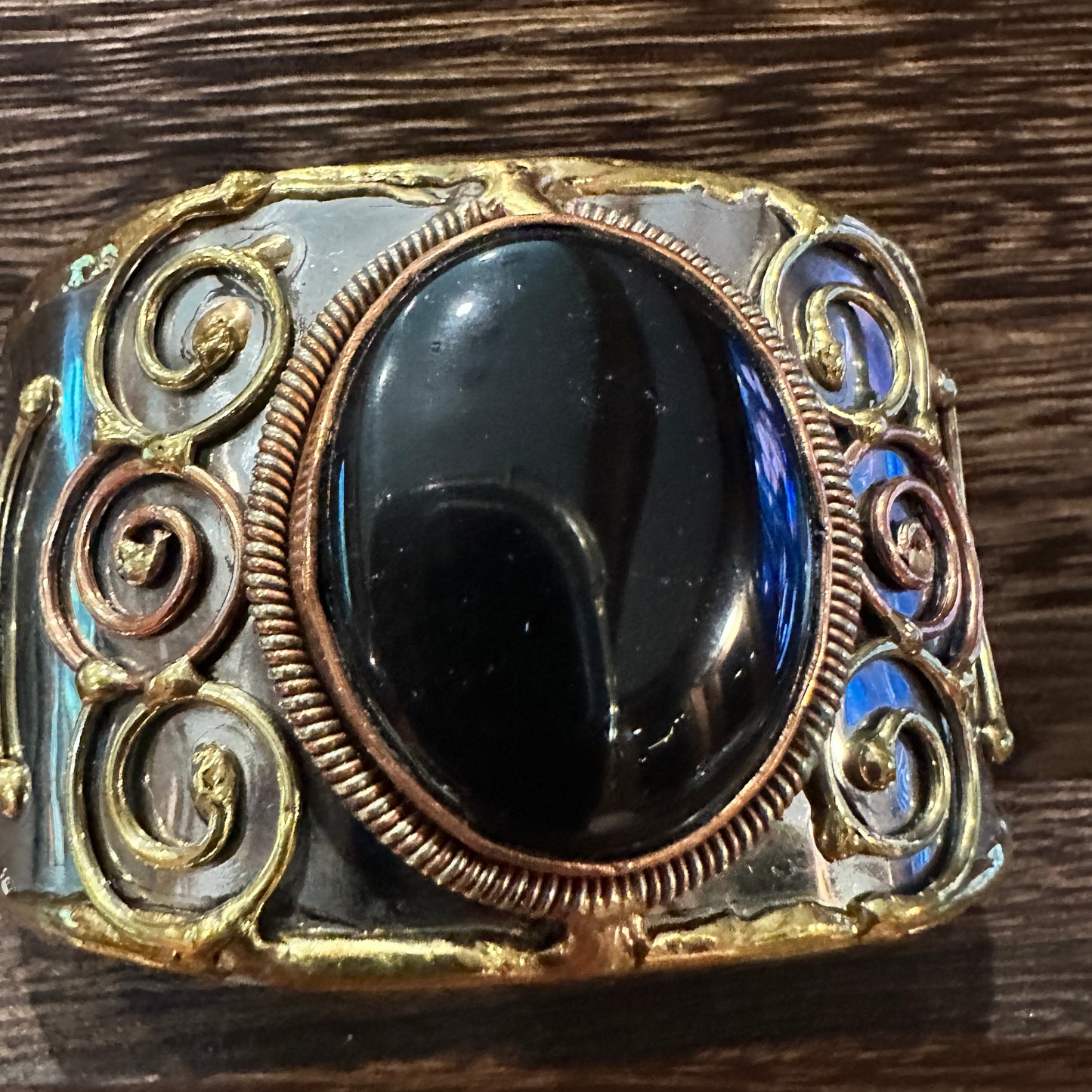 Artisan-Made Adjustable Black Onyx and Mixed Metals Cuff Bracelet - 2 Inches Wide, Gift-Ready Box Included