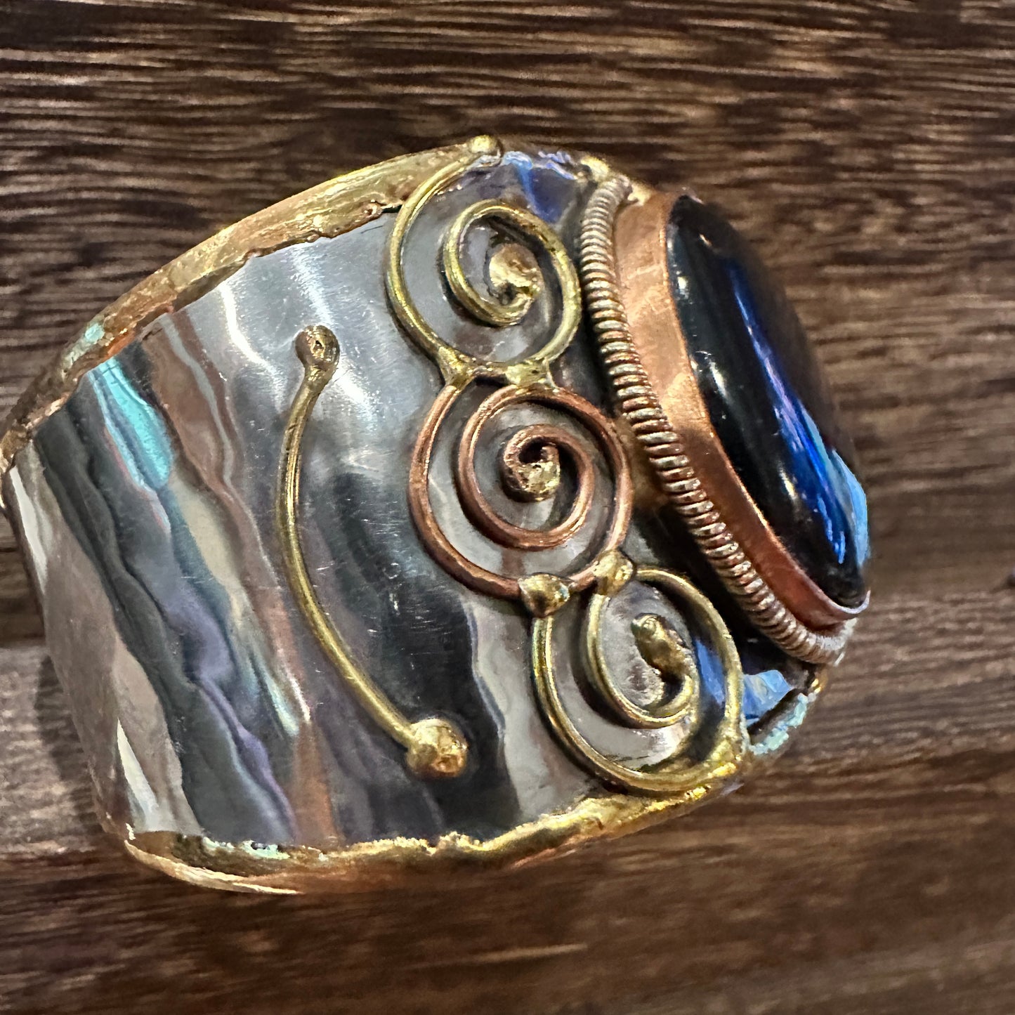Artisan-Made Adjustable Black Onyx and Mixed Metals Cuff Bracelet - 2 Inches Wide, Gift-Ready Box Included