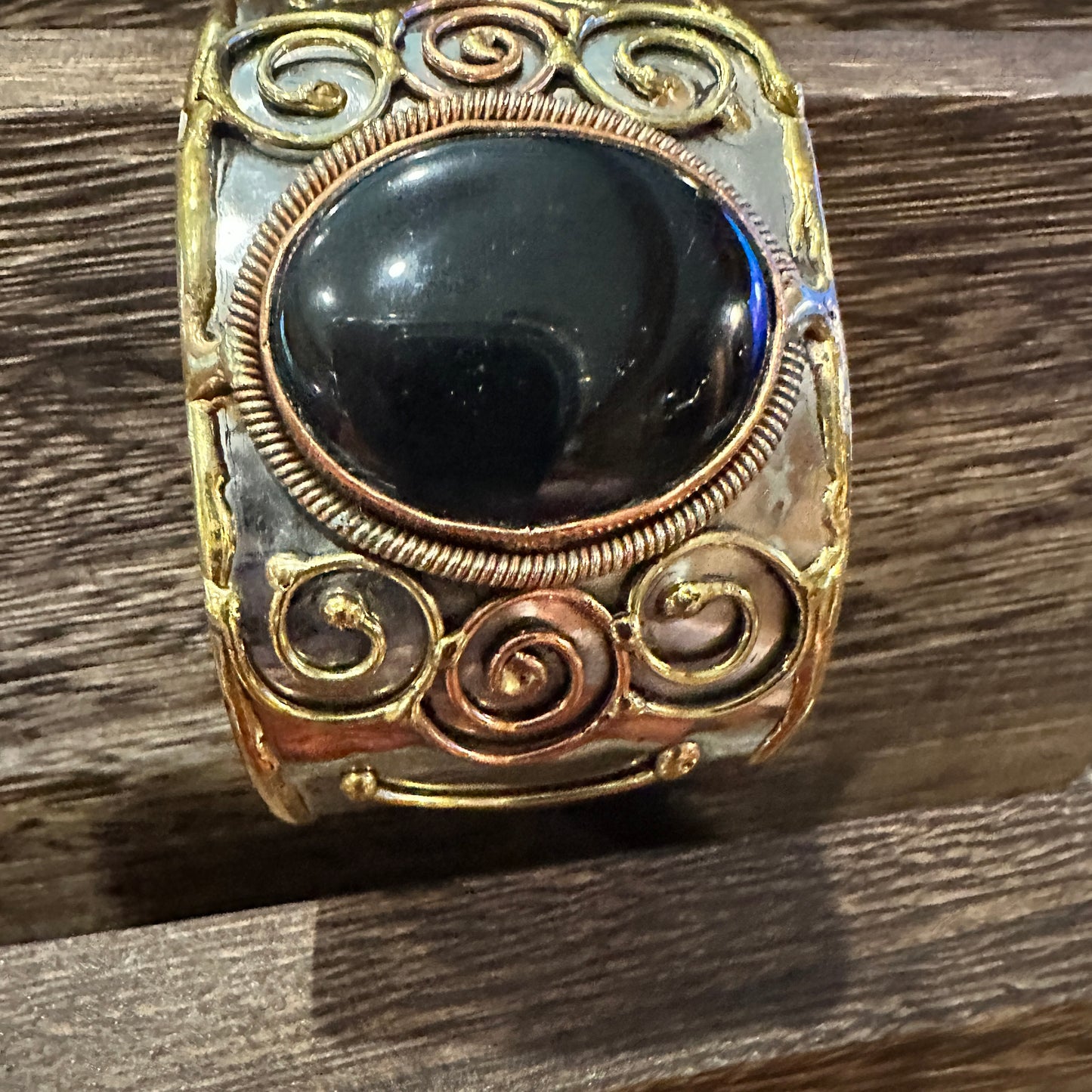 Artisan-Made Adjustable Black Onyx and Mixed Metals Cuff Bracelet - 2 Inches Wide, Gift-Ready Box Included
