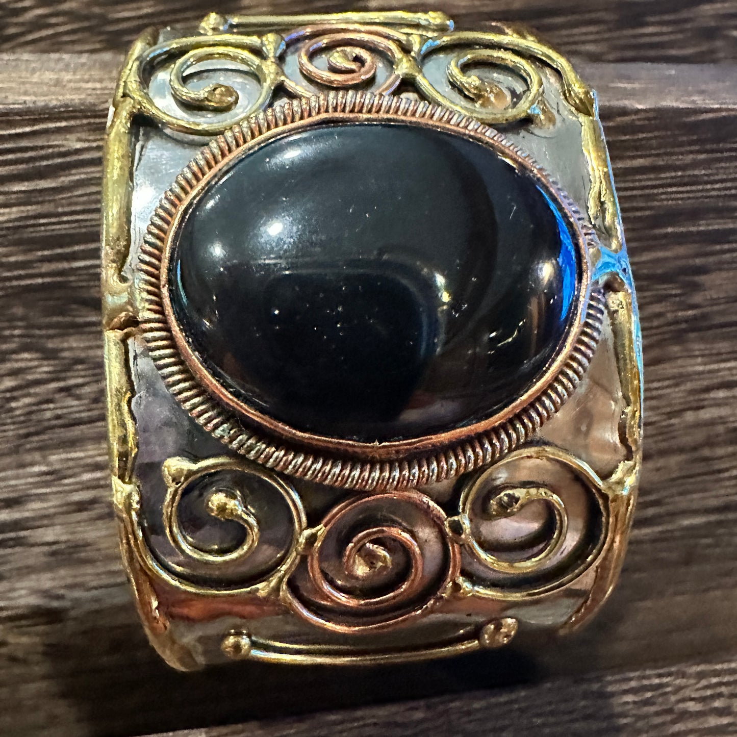 Artisan-Made Adjustable Black Onyx and Mixed Metals Cuff Bracelet - 2 Inches Wide, Gift-Ready Box Included