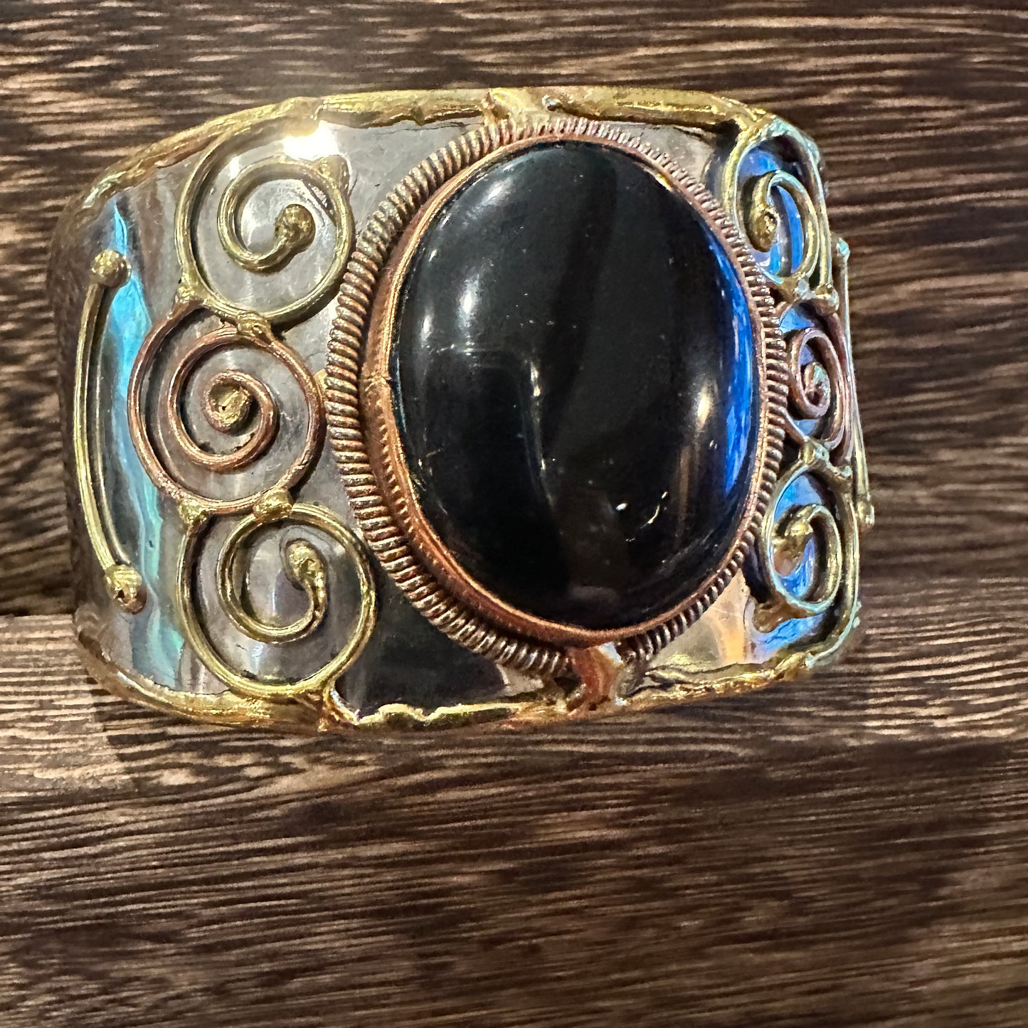 Artisan-Made Adjustable Black Onyx and Mixed Metals Cuff Bracelet - 2 Inches Wide, Gift-Ready Box Included