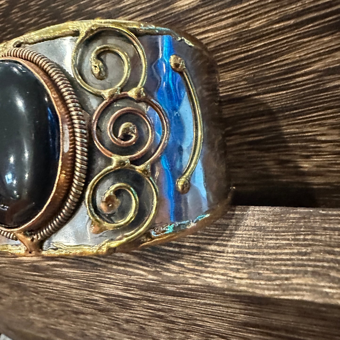 Artisan-Made Adjustable Black Onyx and Mixed Metals Cuff Bracelet - 2 Inches Wide, Gift-Ready Box Included
