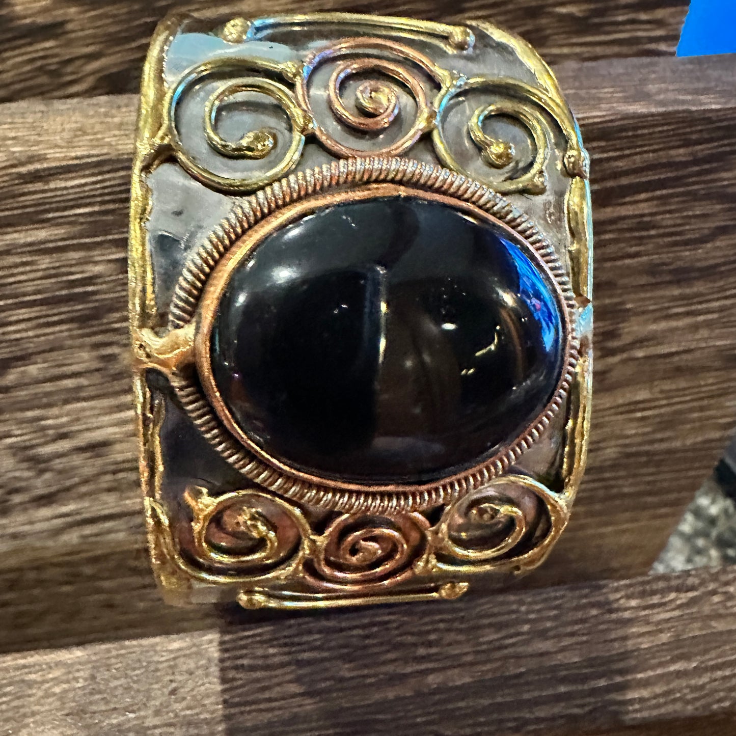 Artisan-Made Adjustable Black Onyx and Mixed Metals Cuff Bracelet - 2 Inches Wide, Gift-Ready Box Included