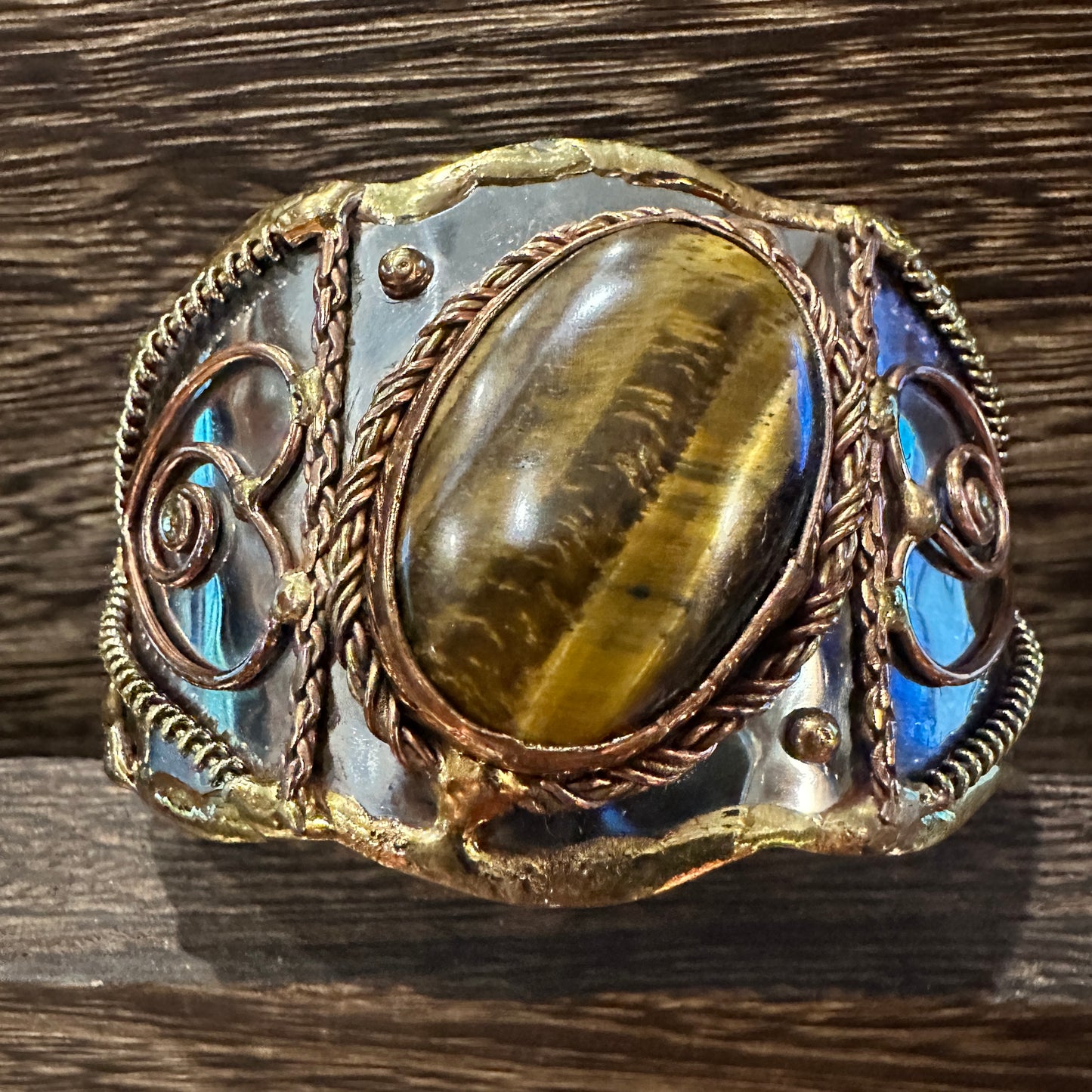 Bold Elegance: Adjustable Mixed Metals Cuff Bracelet with Handcrafted Tiger Eye