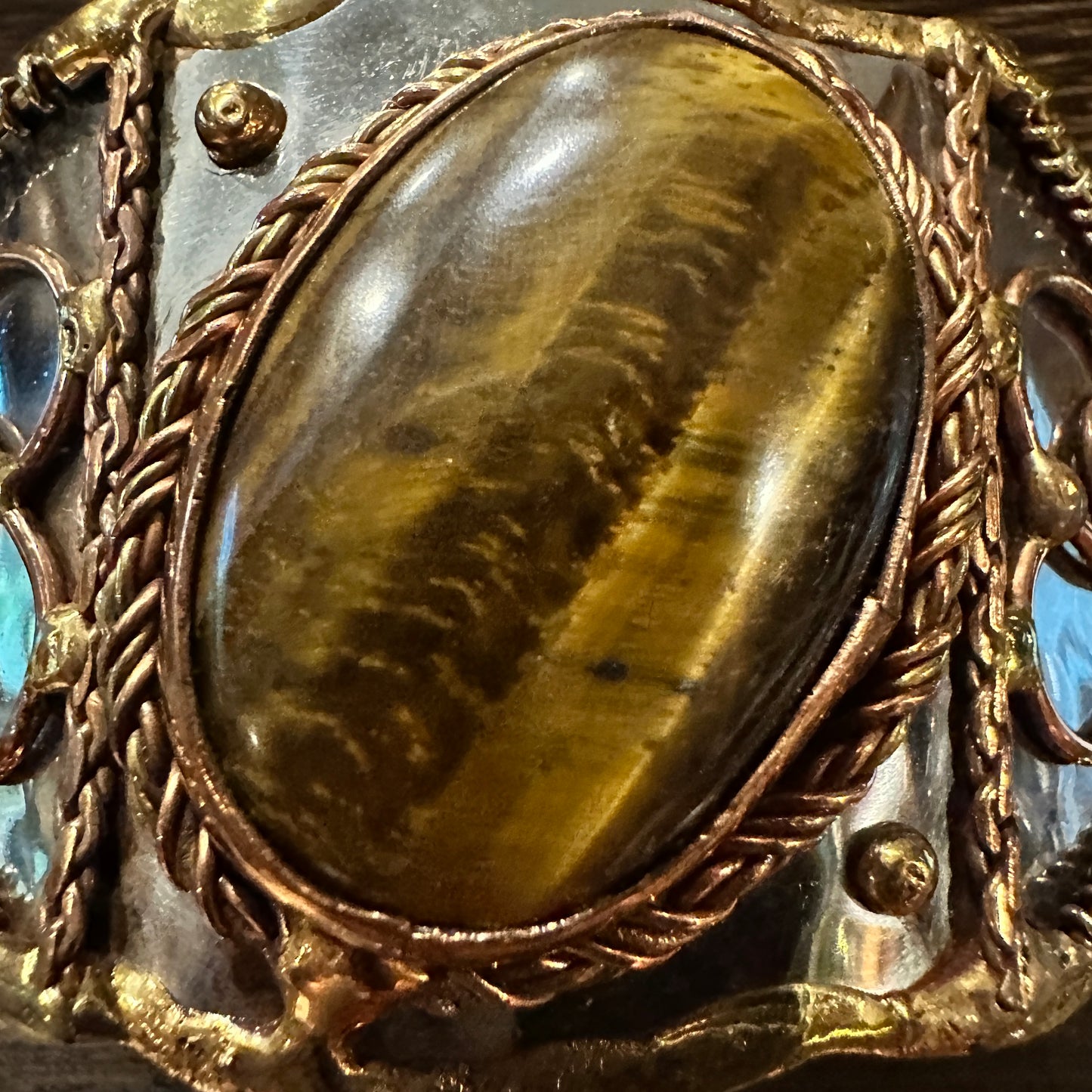 Bold Elegance: Adjustable Mixed Metals Cuff Bracelet with Handcrafted Tiger Eye