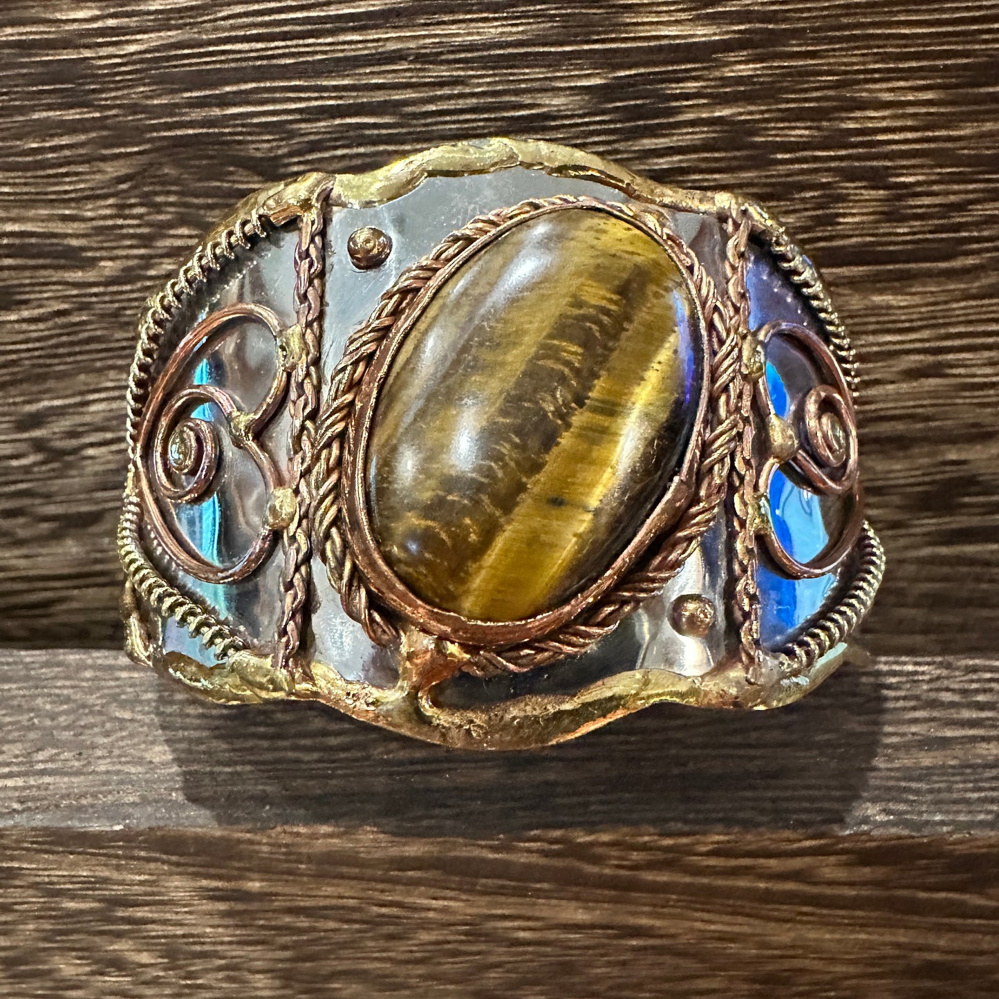 Bold Elegance: Adjustable Mixed Metals Cuff Bracelet with Handcrafted Tiger Eye