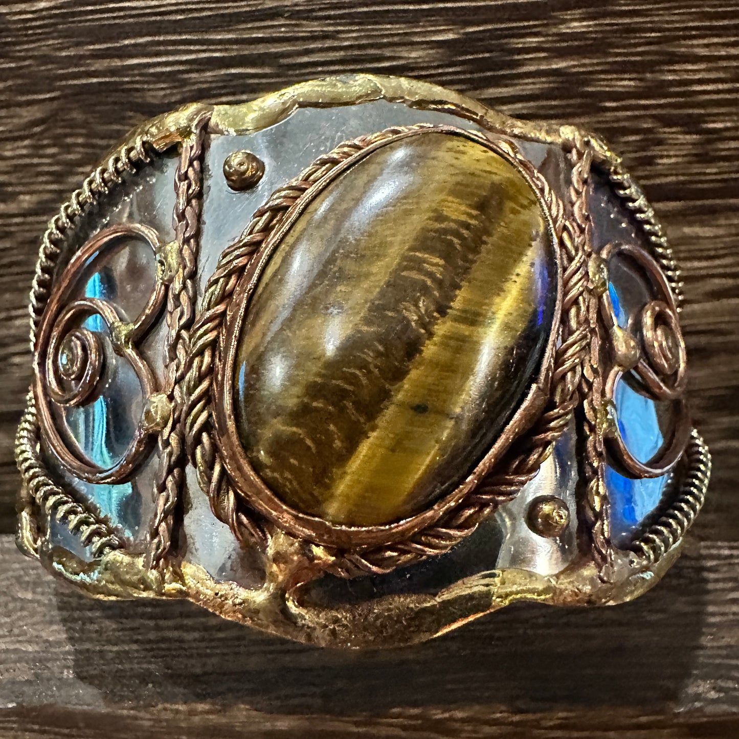 Bold Elegance: Adjustable Mixed Metals Cuff Bracelet with Handcrafted Tiger Eye