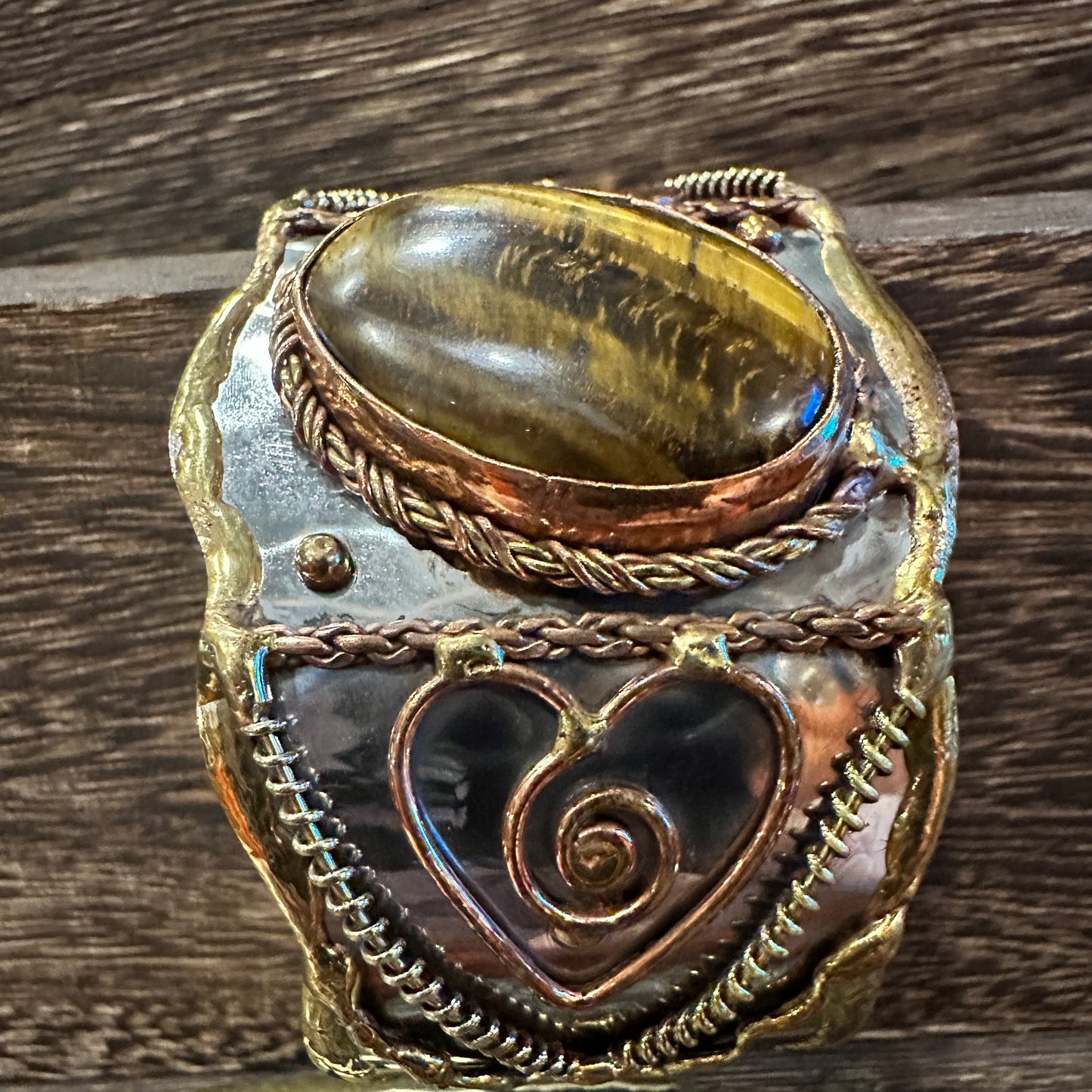 Bold Elegance: Adjustable Mixed Metals Cuff Bracelet with Handcrafted Tiger Eye