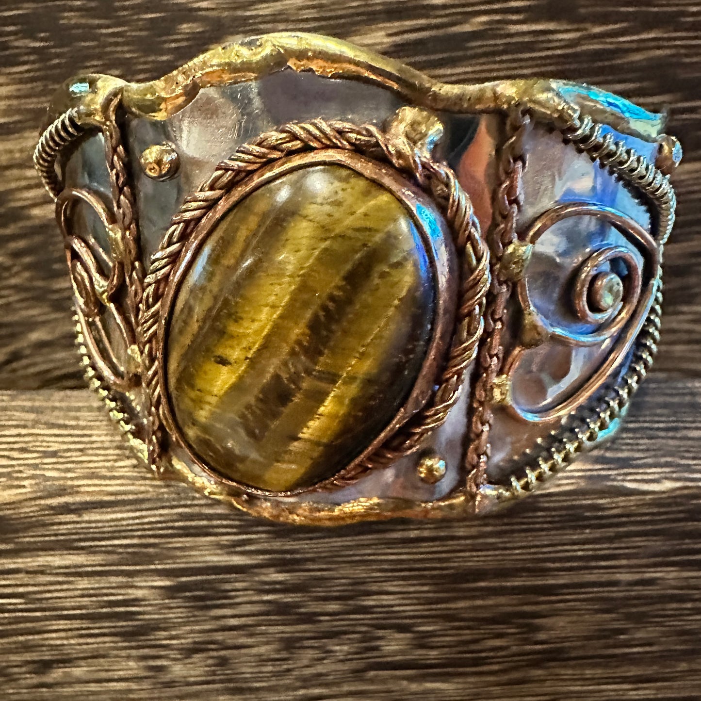 Bold Elegance: Adjustable Mixed Metals Cuff Bracelet with Handcrafted Tiger Eye