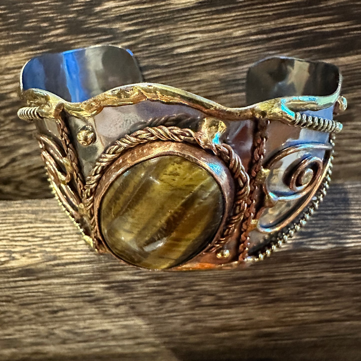 Bold Elegance: Adjustable Mixed Metals Cuff Bracelet with Handcrafted Tiger Eye
