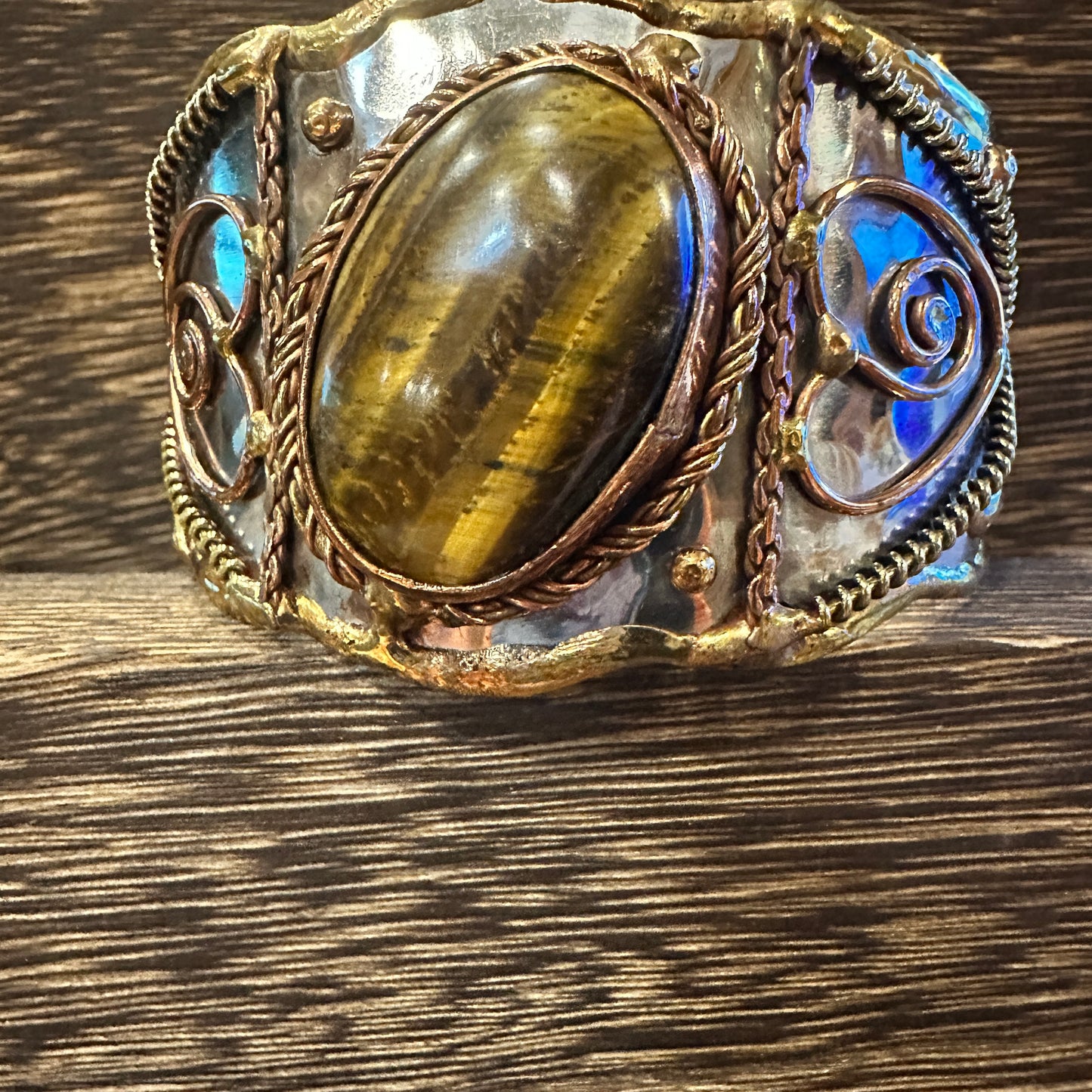Bold Elegance: Adjustable Mixed Metals Cuff Bracelet with Handcrafted Tiger Eye