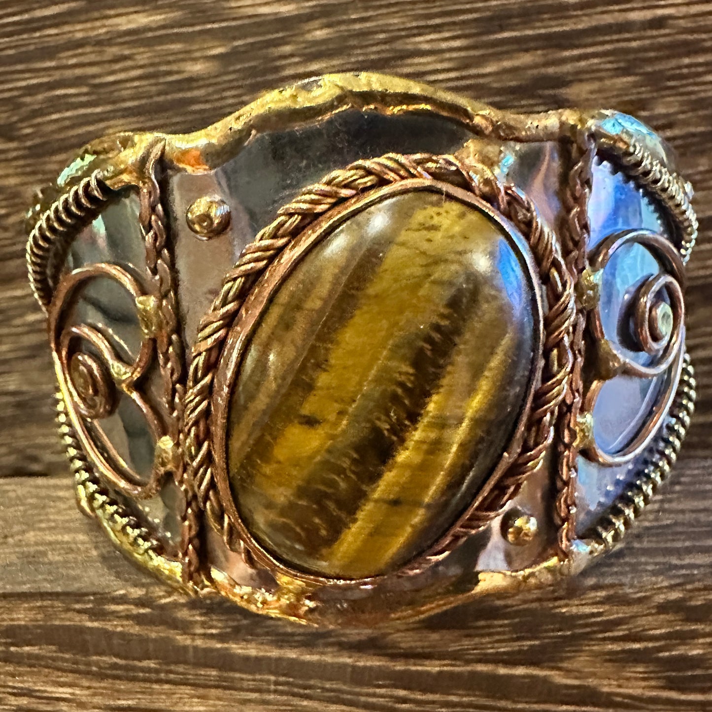 Bold Elegance: Adjustable Mixed Metals Cuff Bracelet with Handcrafted Tiger Eye