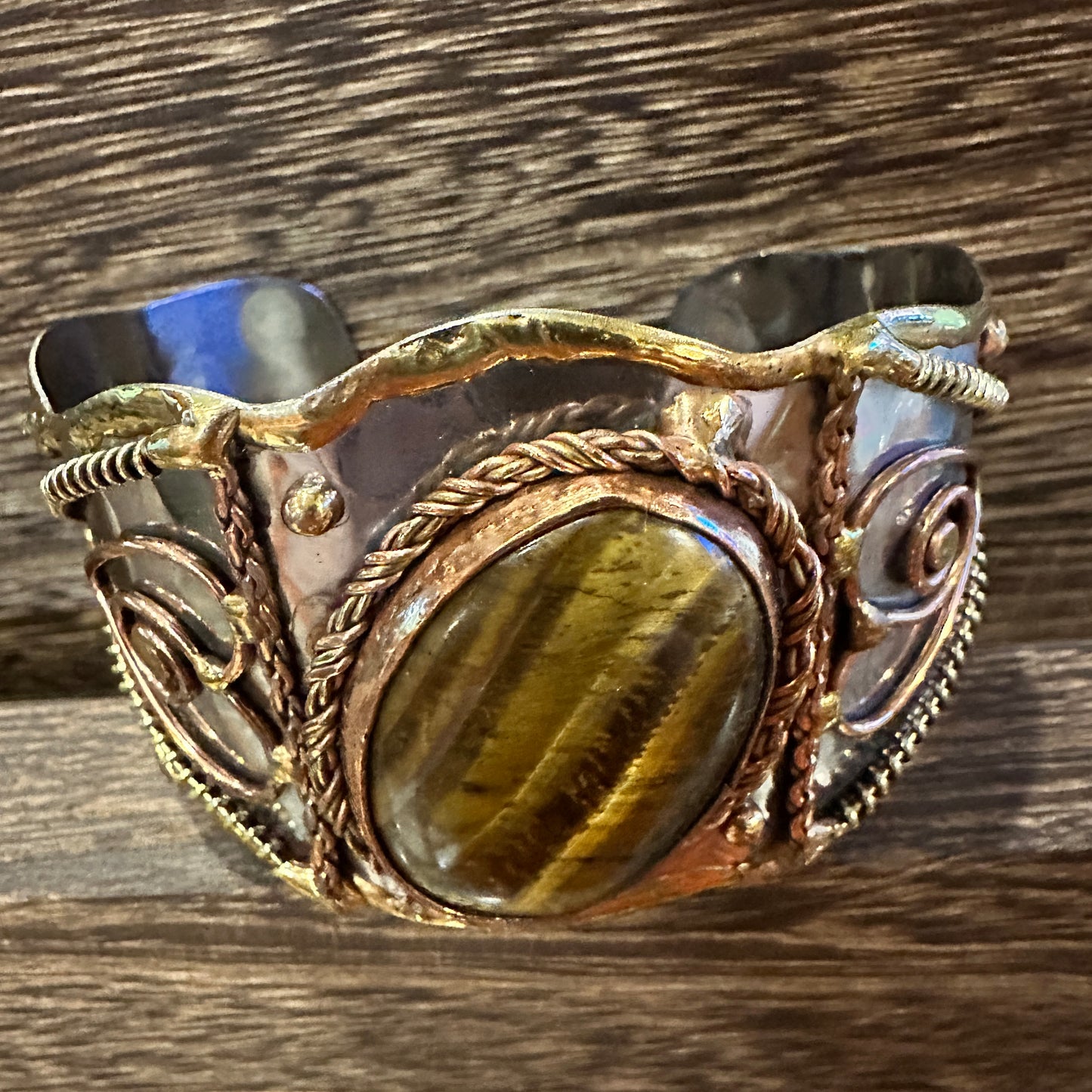Bold Elegance: Adjustable Mixed Metals Cuff Bracelet with Handcrafted Tiger Eye