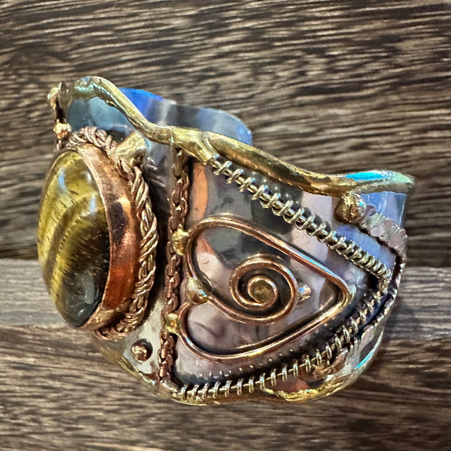 Bold Elegance: Adjustable Mixed Metals Cuff Bracelet with Handcrafted Tiger Eye