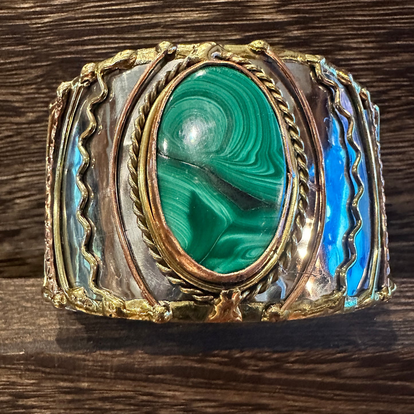 Handcrafted 2in Wide Cuff Bracelet, Malachite Green Stone, Mixed Metals, Adjustable, Gift Box