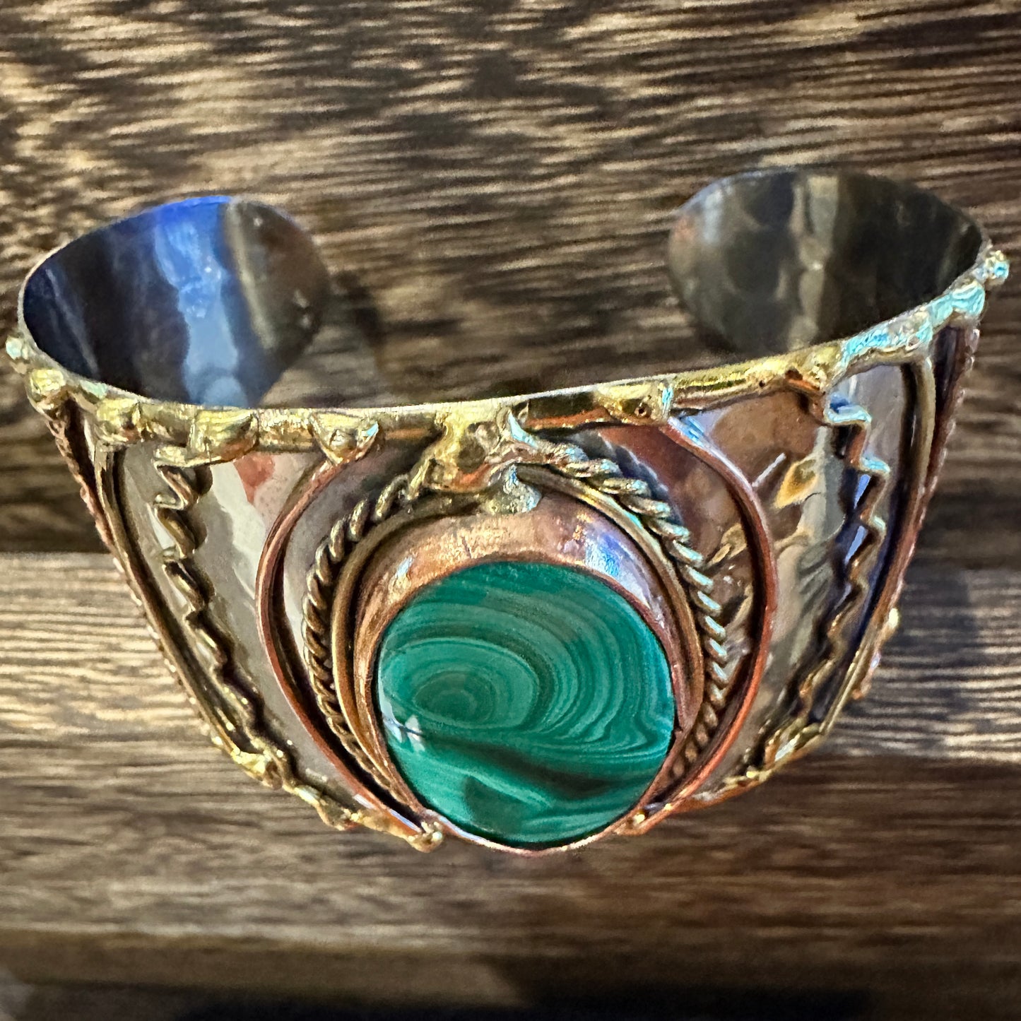 Handcrafted 2in Wide Cuff Bracelet, Malachite Green Stone, Mixed Metals, Adjustable, Gift Box