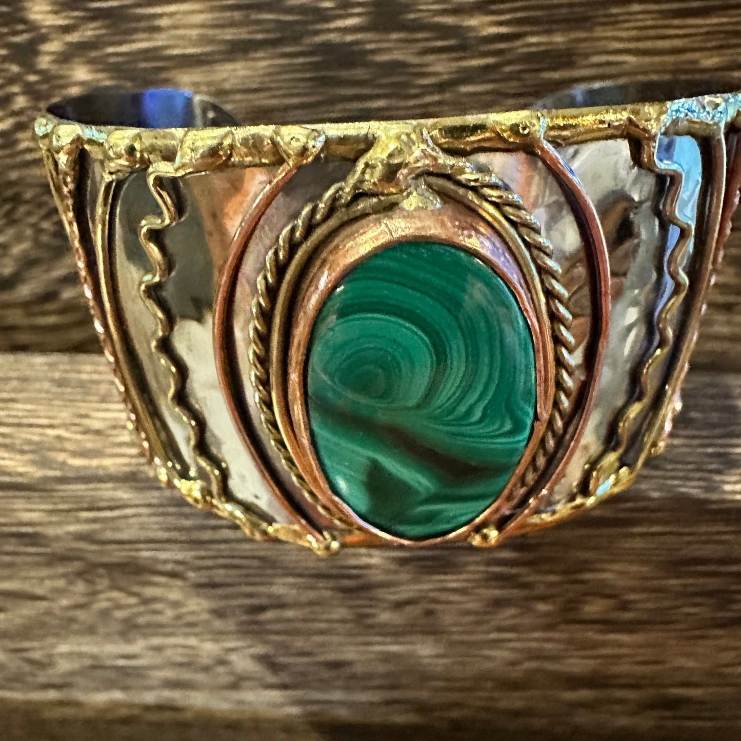 Handcrafted 2in Wide Cuff Bracelet, Malachite Green Stone, Mixed Metals, Adjustable, Gift Box