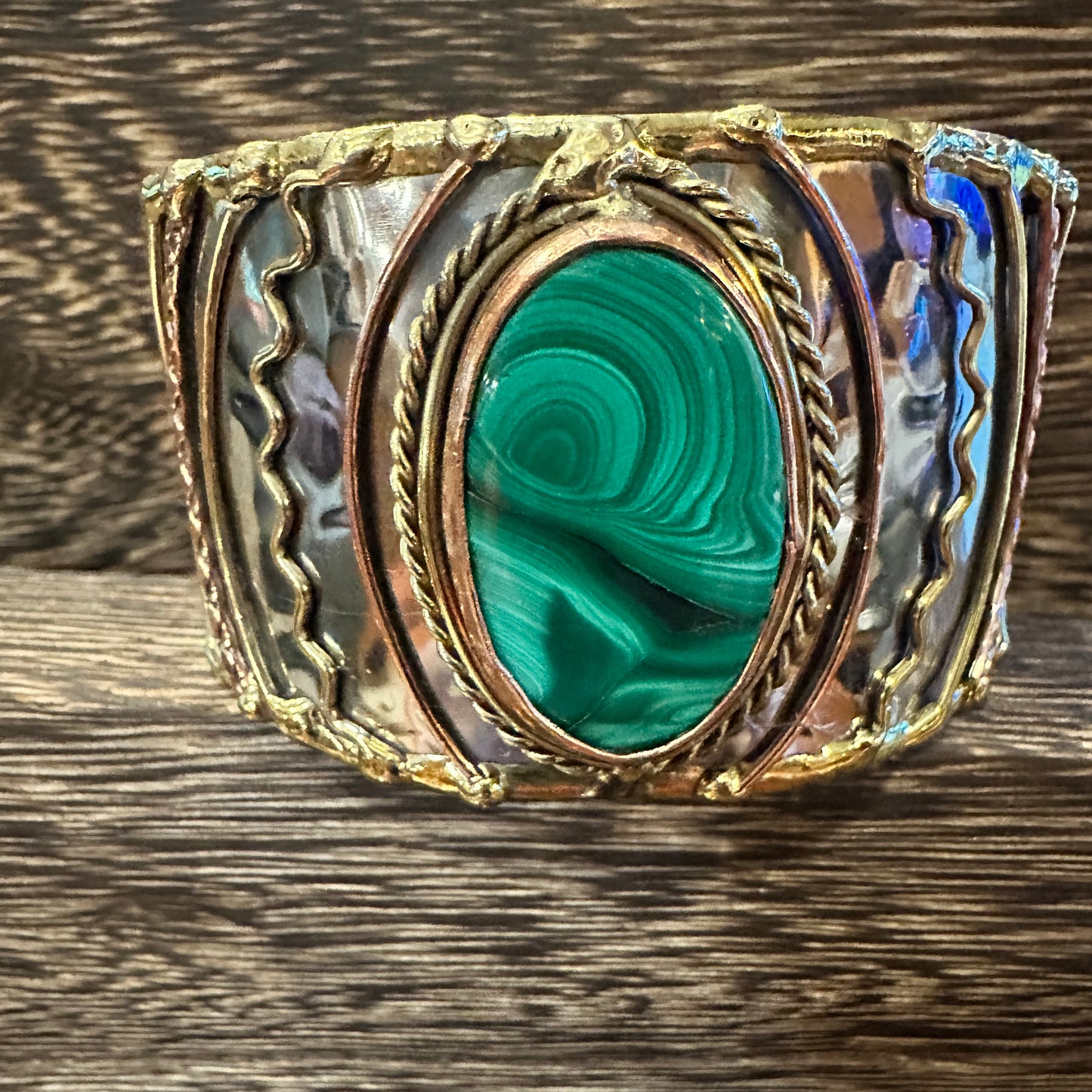 Handcrafted 2in Wide Cuff Bracelet, Malachite Green Stone, Mixed Metals, Adjustable, Gift Box