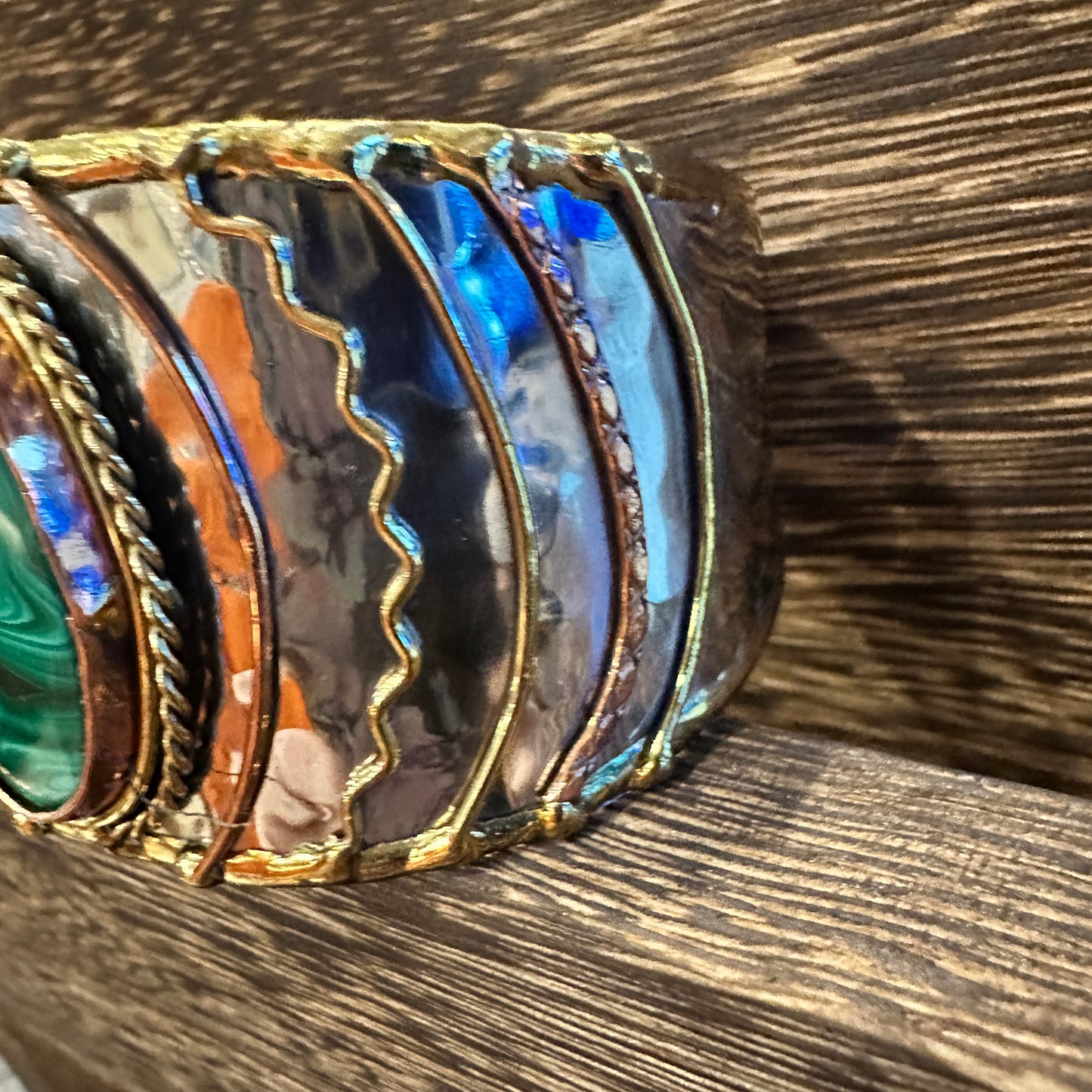 Handcrafted 2in Wide Cuff Bracelet, Malachite Green Stone, Mixed Metals, Adjustable, Gift Box