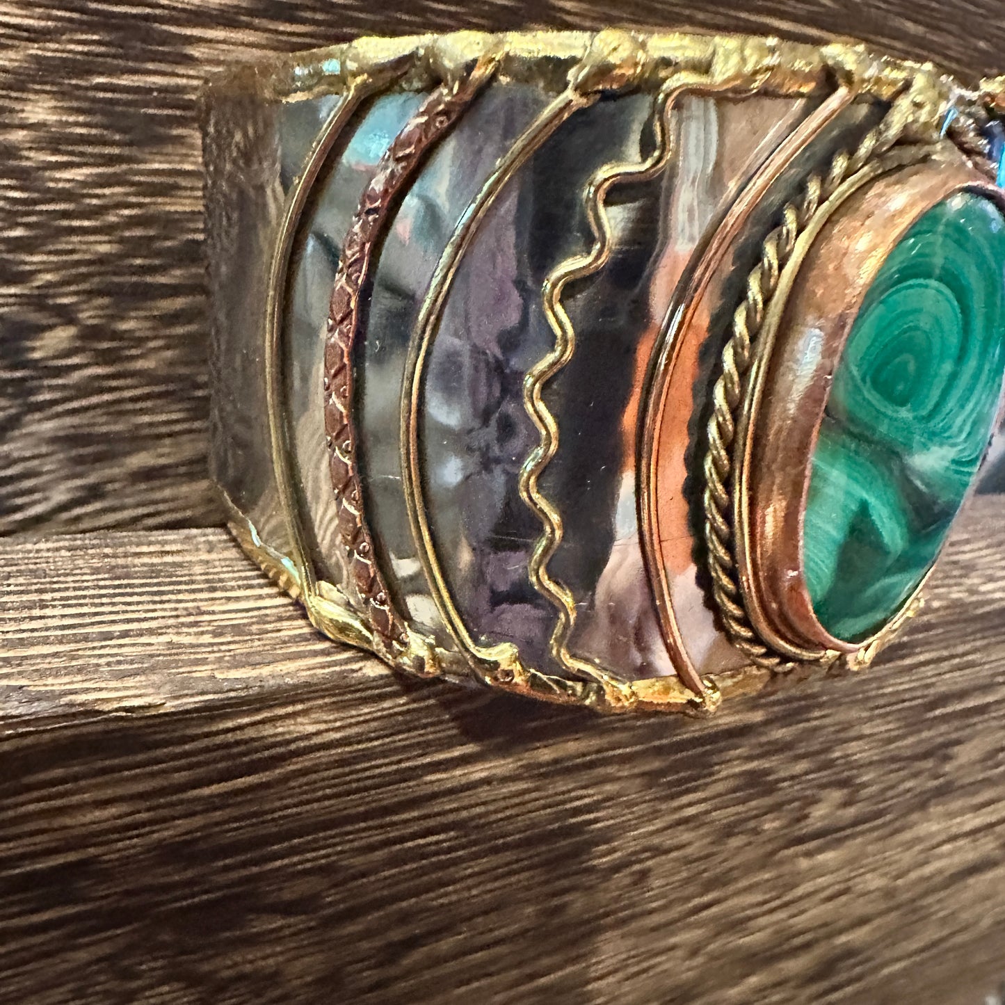Handcrafted 2in Wide Cuff Bracelet, Malachite Green Stone, Mixed Metals, Adjustable, Gift Box