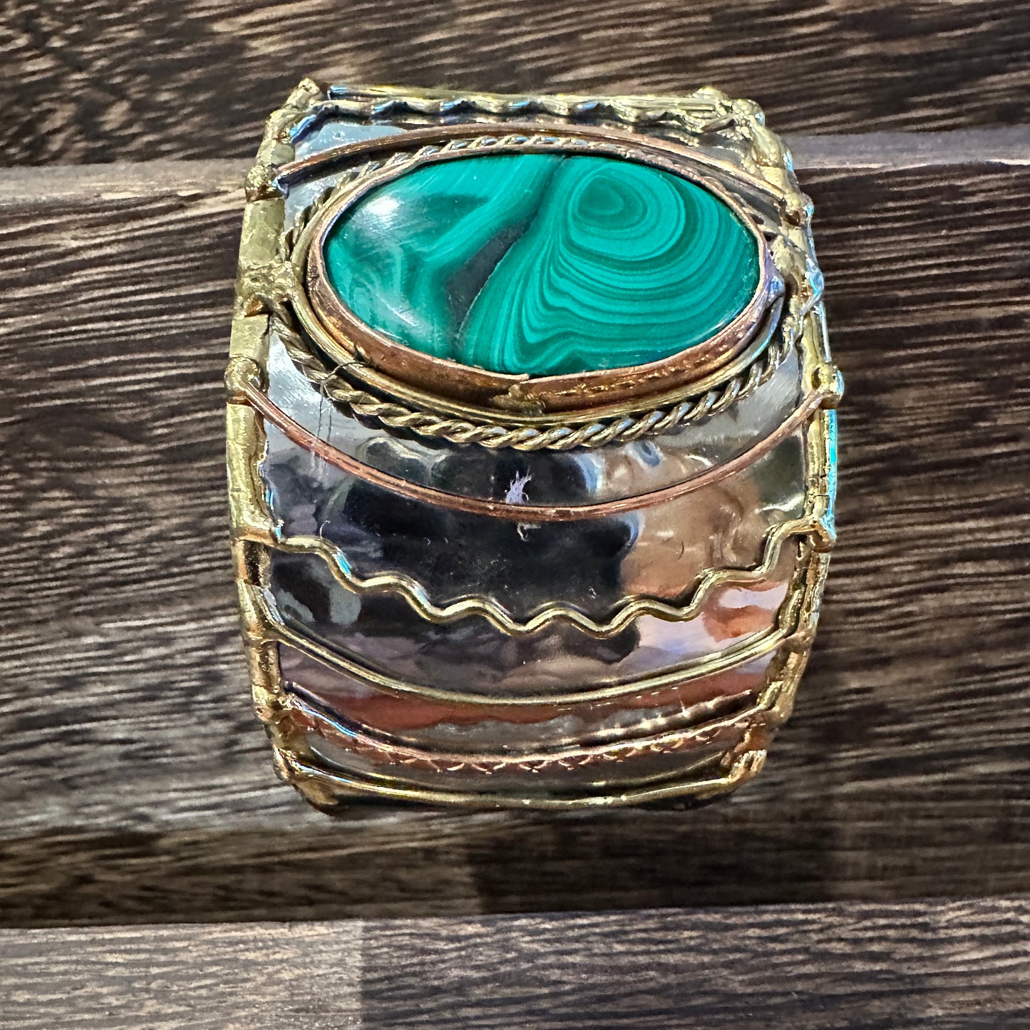Handcrafted 2in Wide Cuff Bracelet, Malachite Green Stone, Mixed Metals, Adjustable, Gift Box