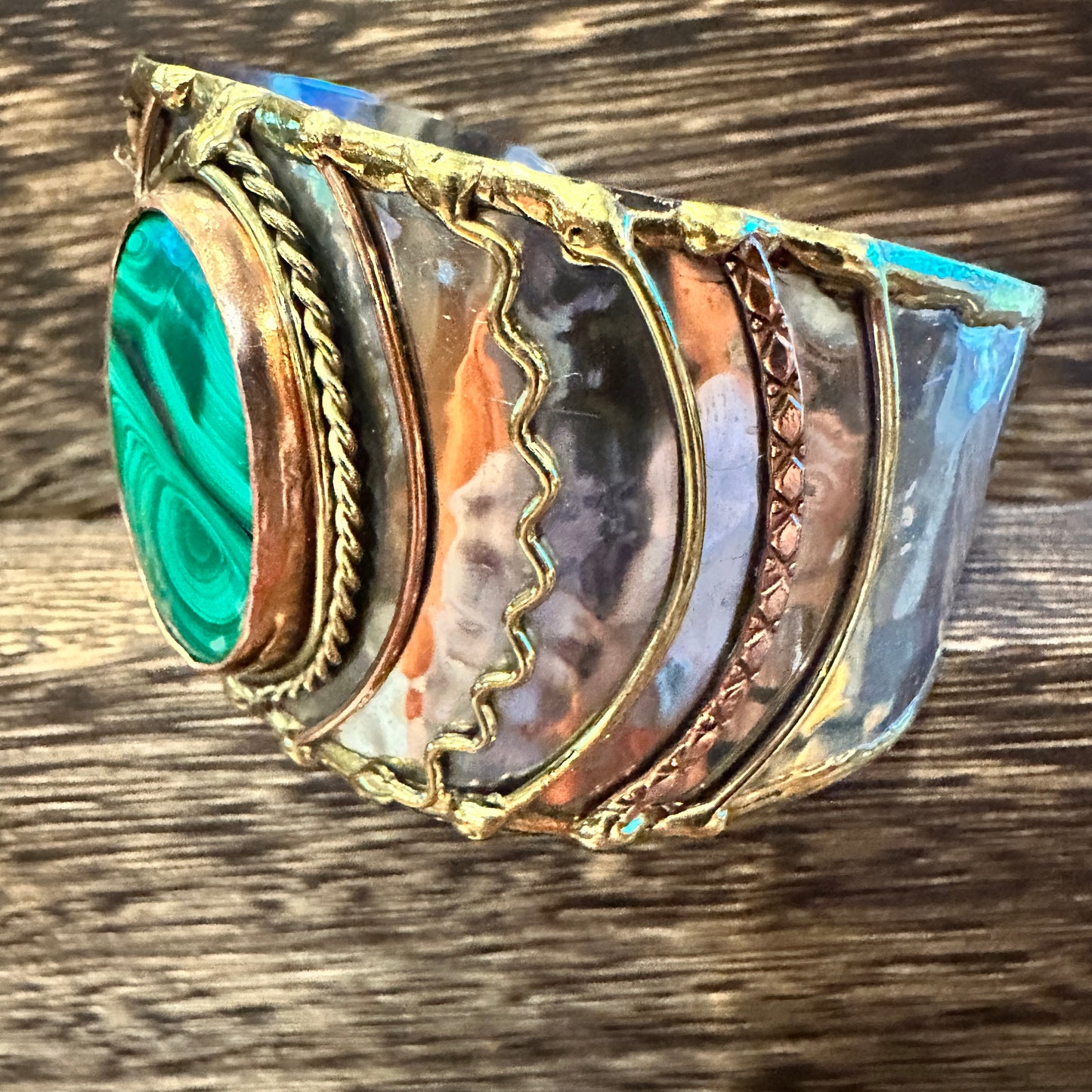 Handcrafted 2in Wide Cuff Bracelet, Malachite Green Stone, Mixed Metals, Adjustable, Gift Box