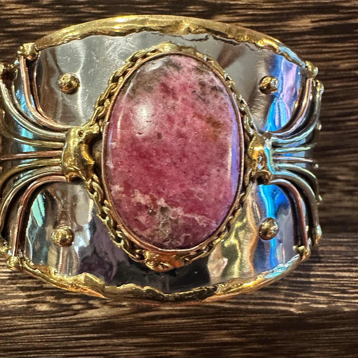 Artisan-Made 2-Inch Adjustable Cuff Bracelet with Rhodonite Pink Gemstone and Mixed Metals, Gift-Ready Box Included