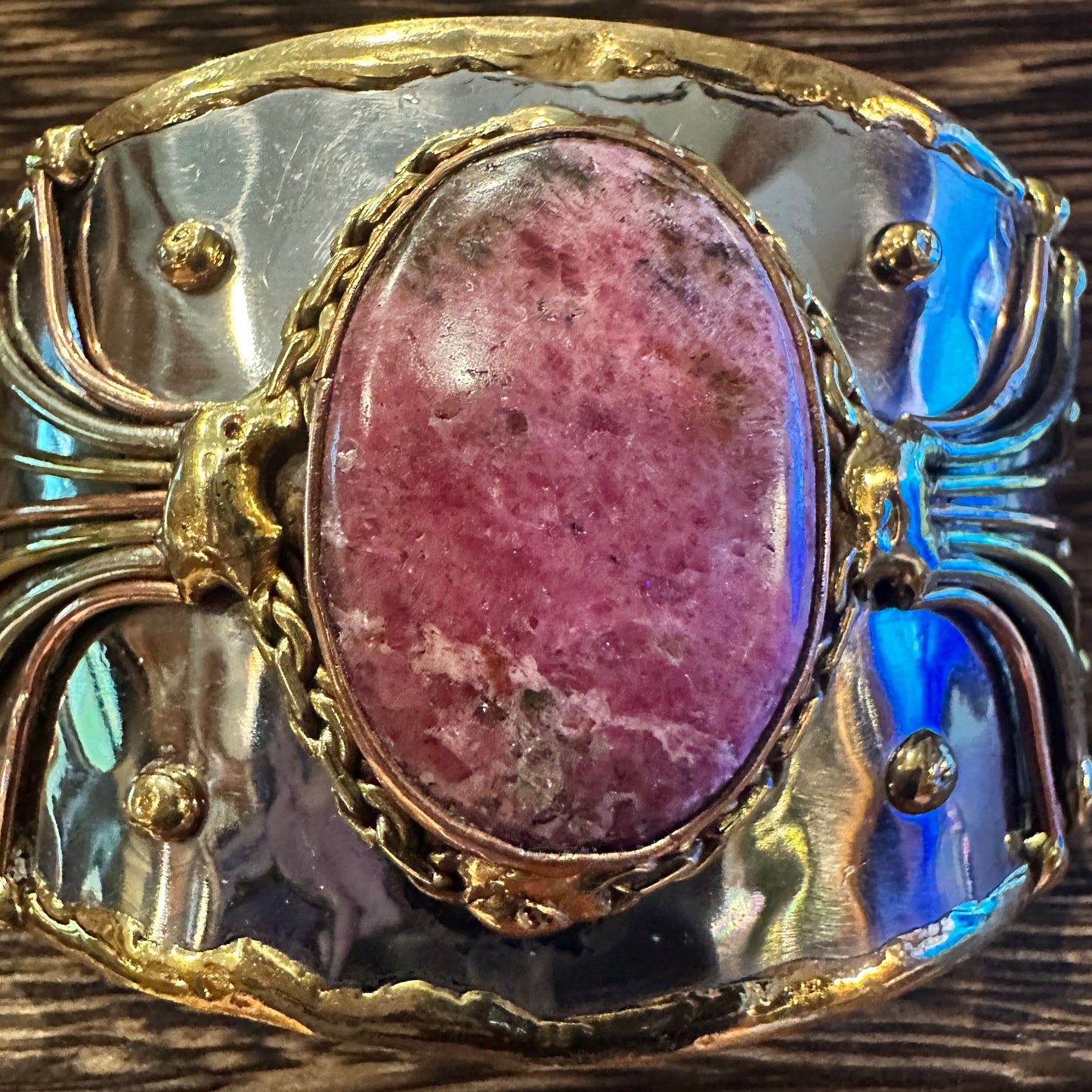 Artisan-Made 2-Inch Adjustable Cuff Bracelet with Rhodonite Pink Gemstone and Mixed Metals, Gift-Ready Box Included