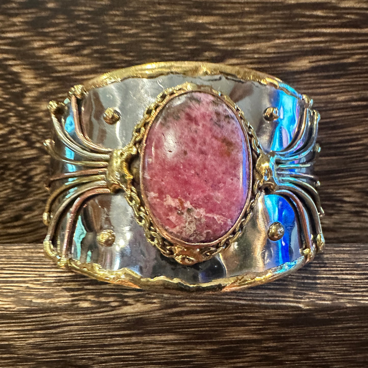 Artisan-Made 2-Inch Adjustable Cuff Bracelet with Rhodonite Pink Gemstone and Mixed Metals, Gift-Ready Box Included
