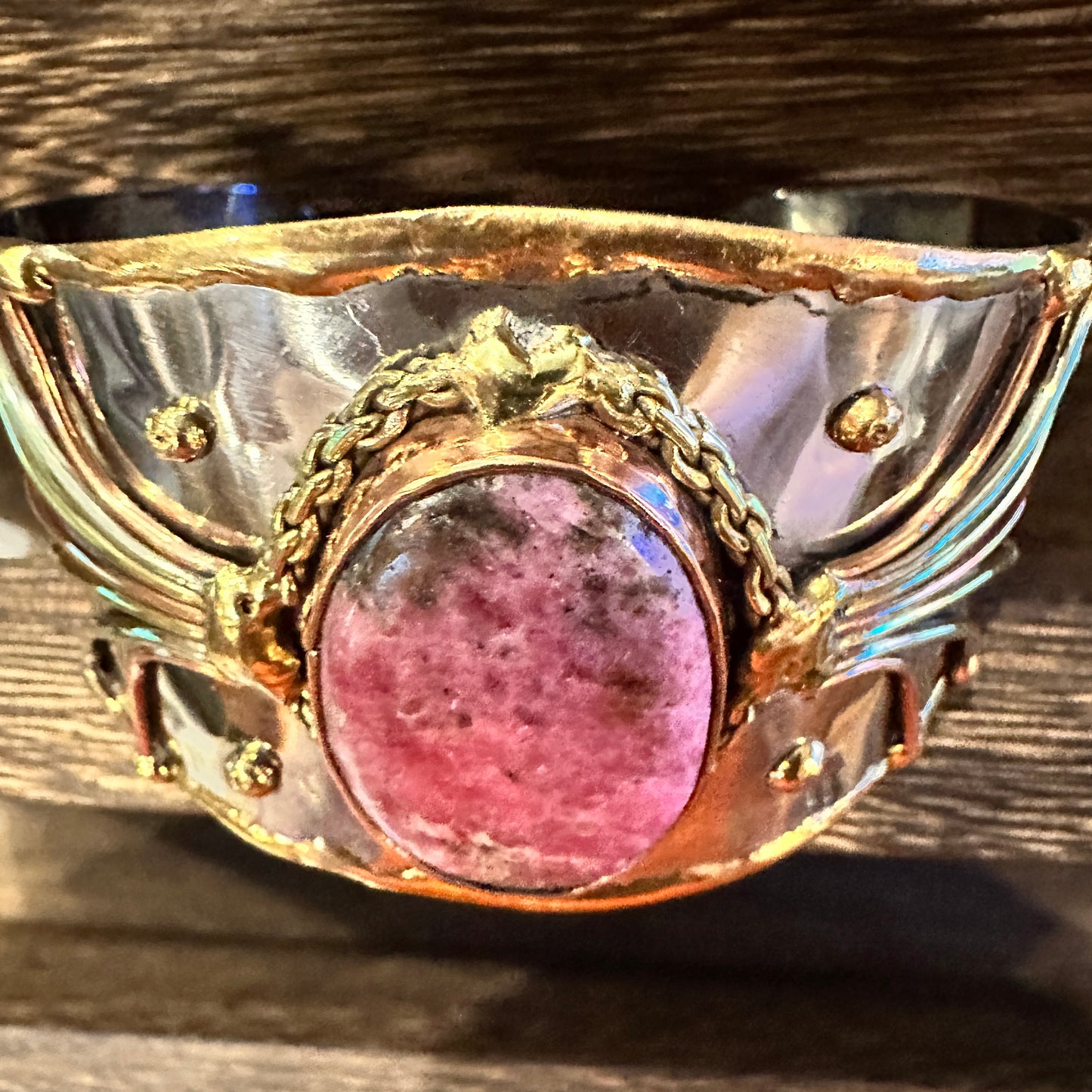 Artisan-Made 2-Inch Adjustable Cuff Bracelet with Rhodonite Pink Gemstone and Mixed Metals, Gift-Ready Box Included