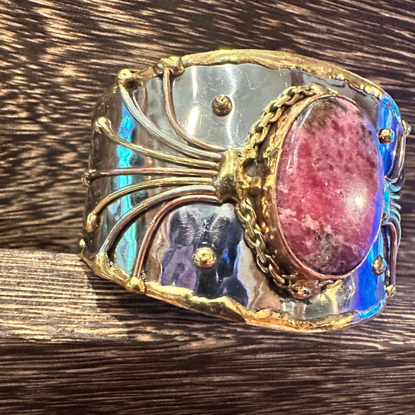Artisan-Made 2-Inch Adjustable Cuff Bracelet with Rhodonite Pink Gemstone and Mixed Metals, Gift-Ready Box Included