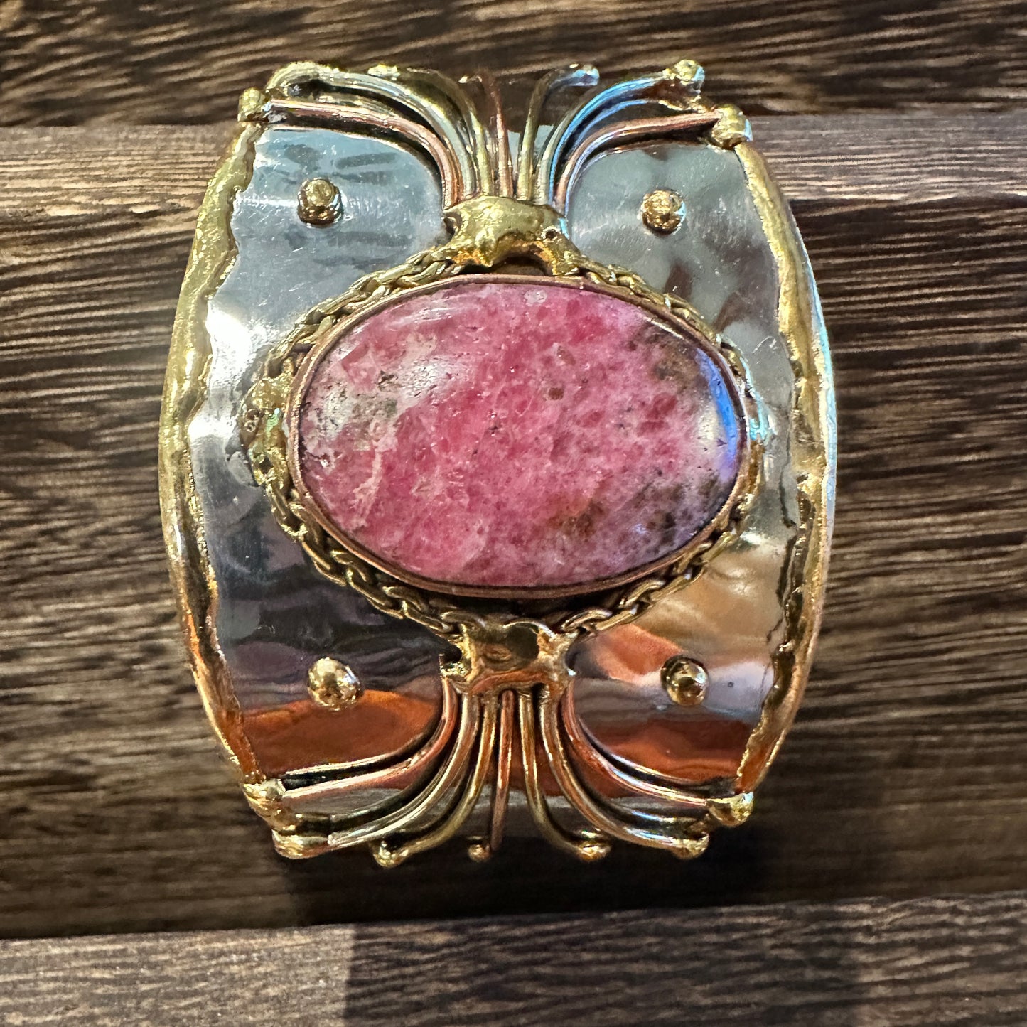 Artisan-Made 2-Inch Adjustable Cuff Bracelet with Rhodonite Pink Gemstone and Mixed Metals, Gift-Ready Box Included