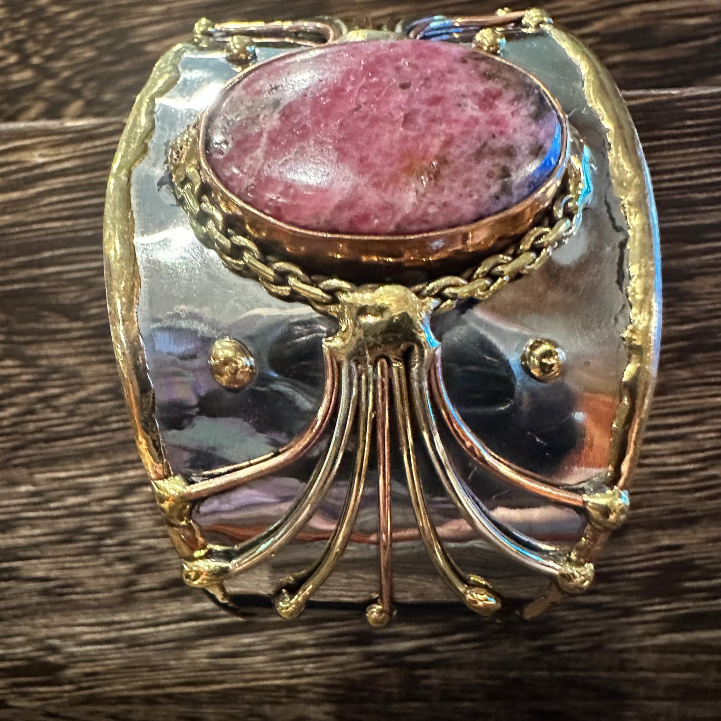 Artisan-Made 2-Inch Adjustable Cuff Bracelet with Rhodonite Pink Gemstone and Mixed Metals, Gift-Ready Box Included