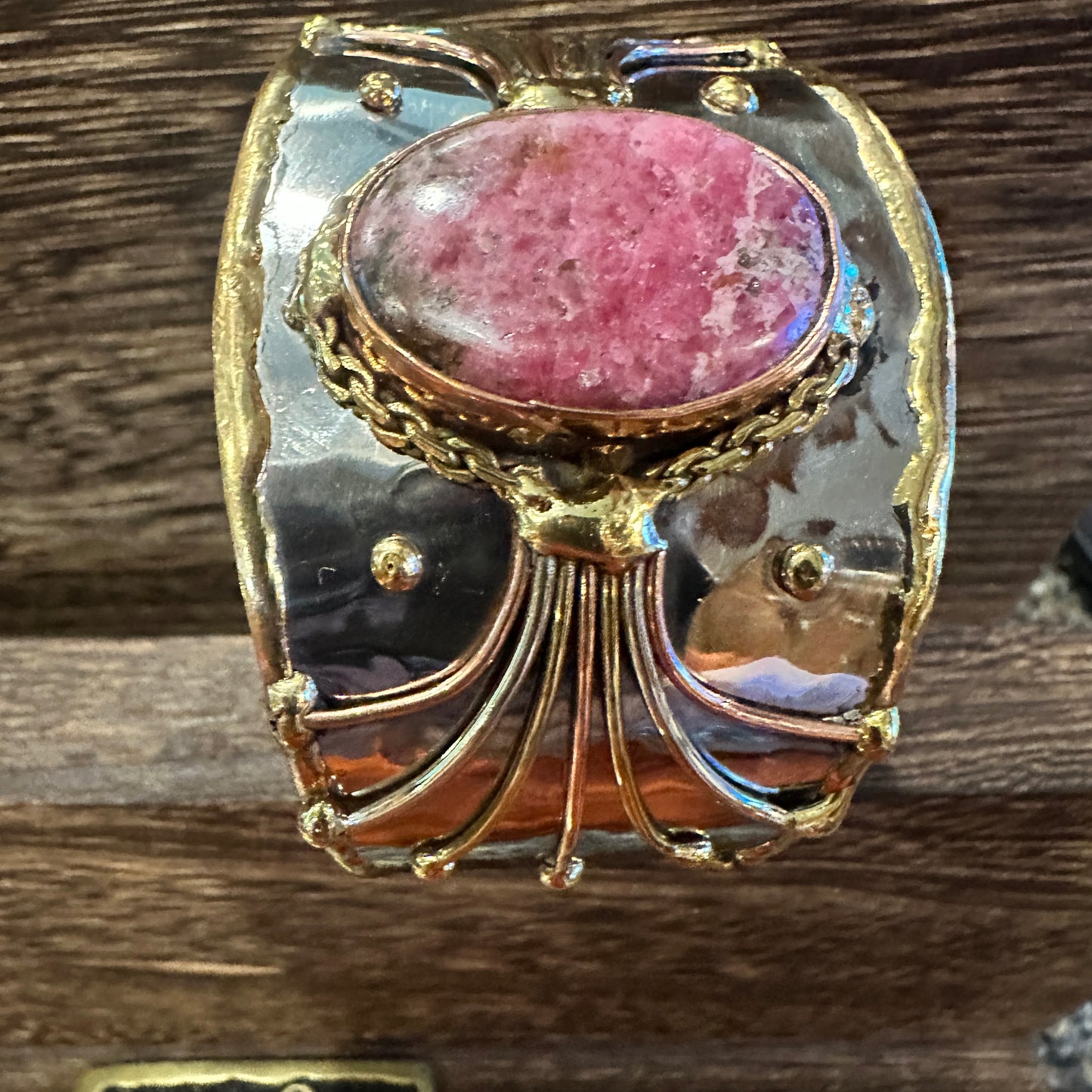 Artisan-Made 2-Inch Adjustable Cuff Bracelet with Rhodonite Pink Gemstone and Mixed Metals, Gift-Ready Box Included